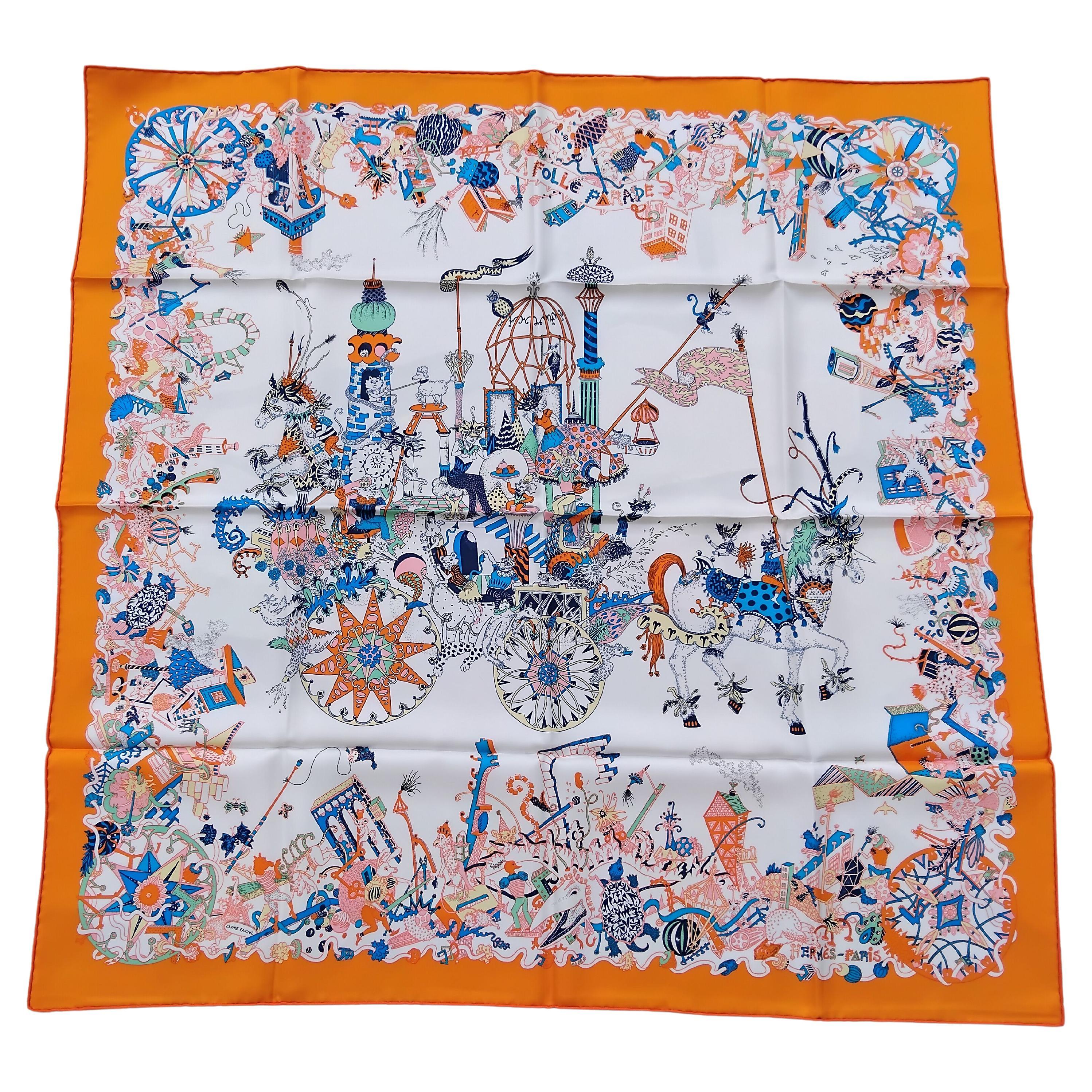 Hermès La Folle Parade Silk Scarf Claire Fanjul White Orange 89 cm For Sale