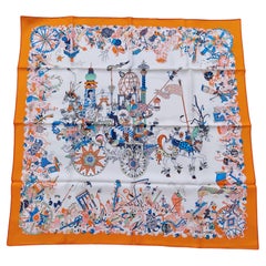 Hermès La Folle Parade Seidenschal Claire Fanjul Weiß Orange 89 cm