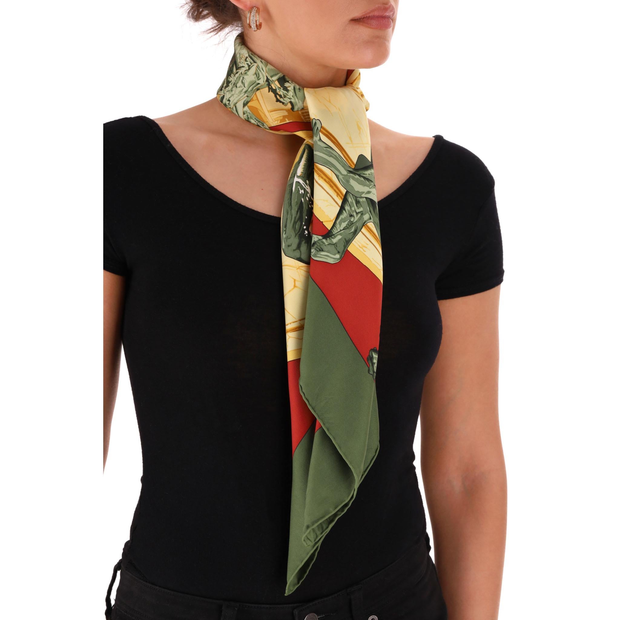 Hermes La Fontaine De Bartholdi Silk Scarf

Square scarf fully crafted from silk, designed with Greek statue with horse heads on each corner on olive green background.

Featuring hand-rolled edges.

Rrp Approx. £450

Size – 89 x 89cm

Condition –