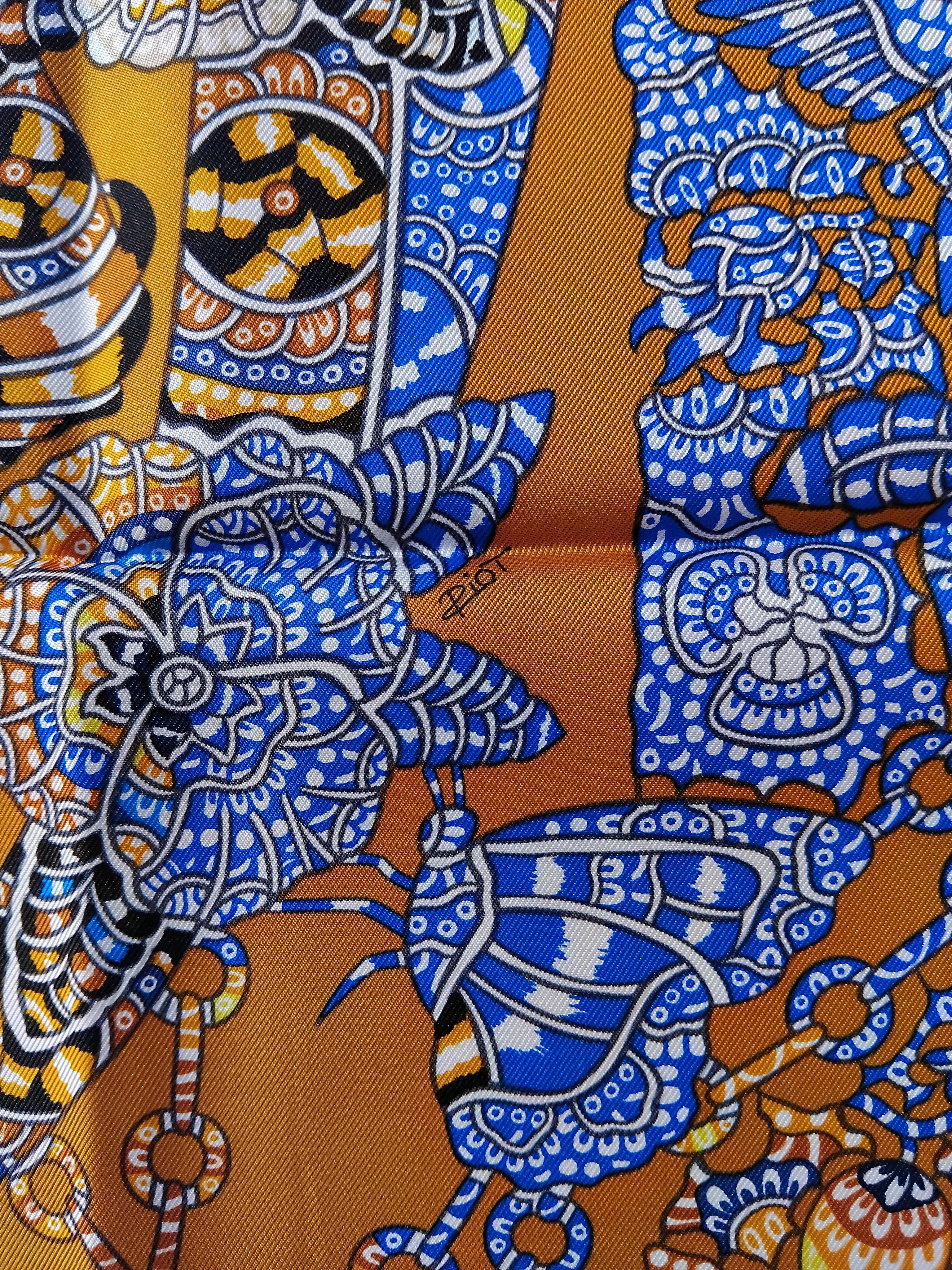 Hermès La Legende de La Foret Emeline Piot Silk Scarf Gold Blue 35' 7