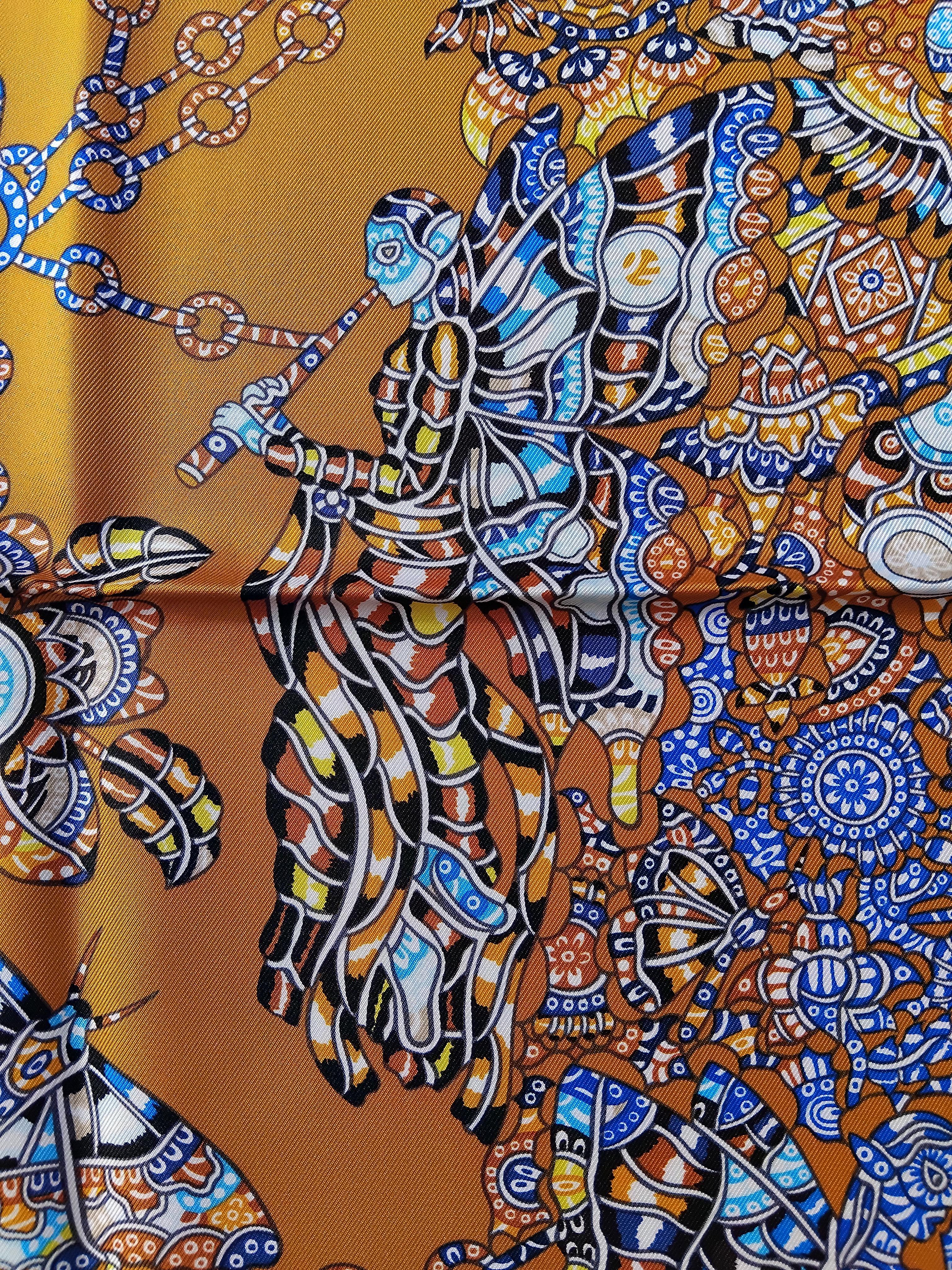 Hermès La Legende de La Foret Emeline Piot Silk Scarf Gold Blue 35' 8