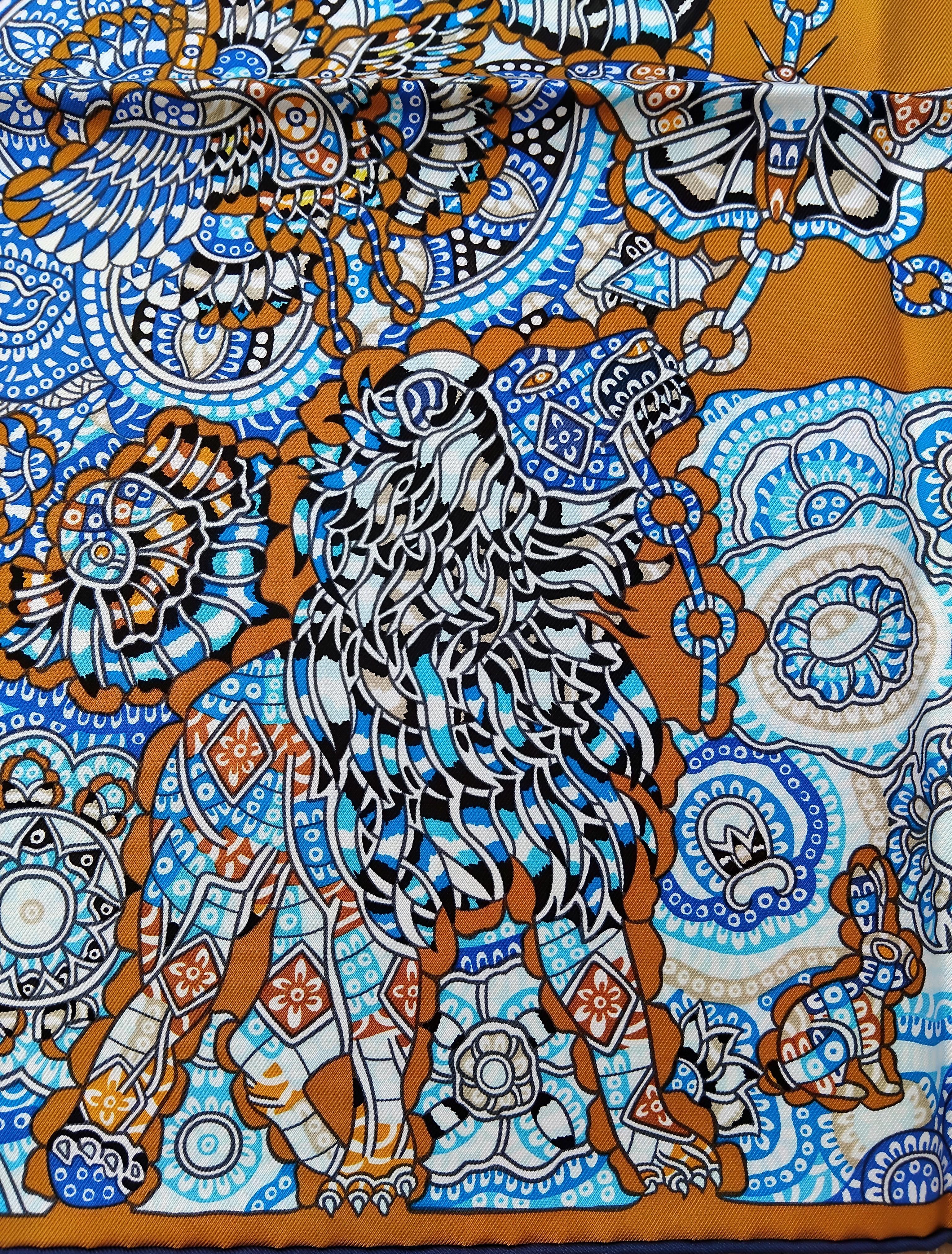 Hermès La Legende de La Foret Emeline Piot Silk Scarf Gold Blue 35' 9