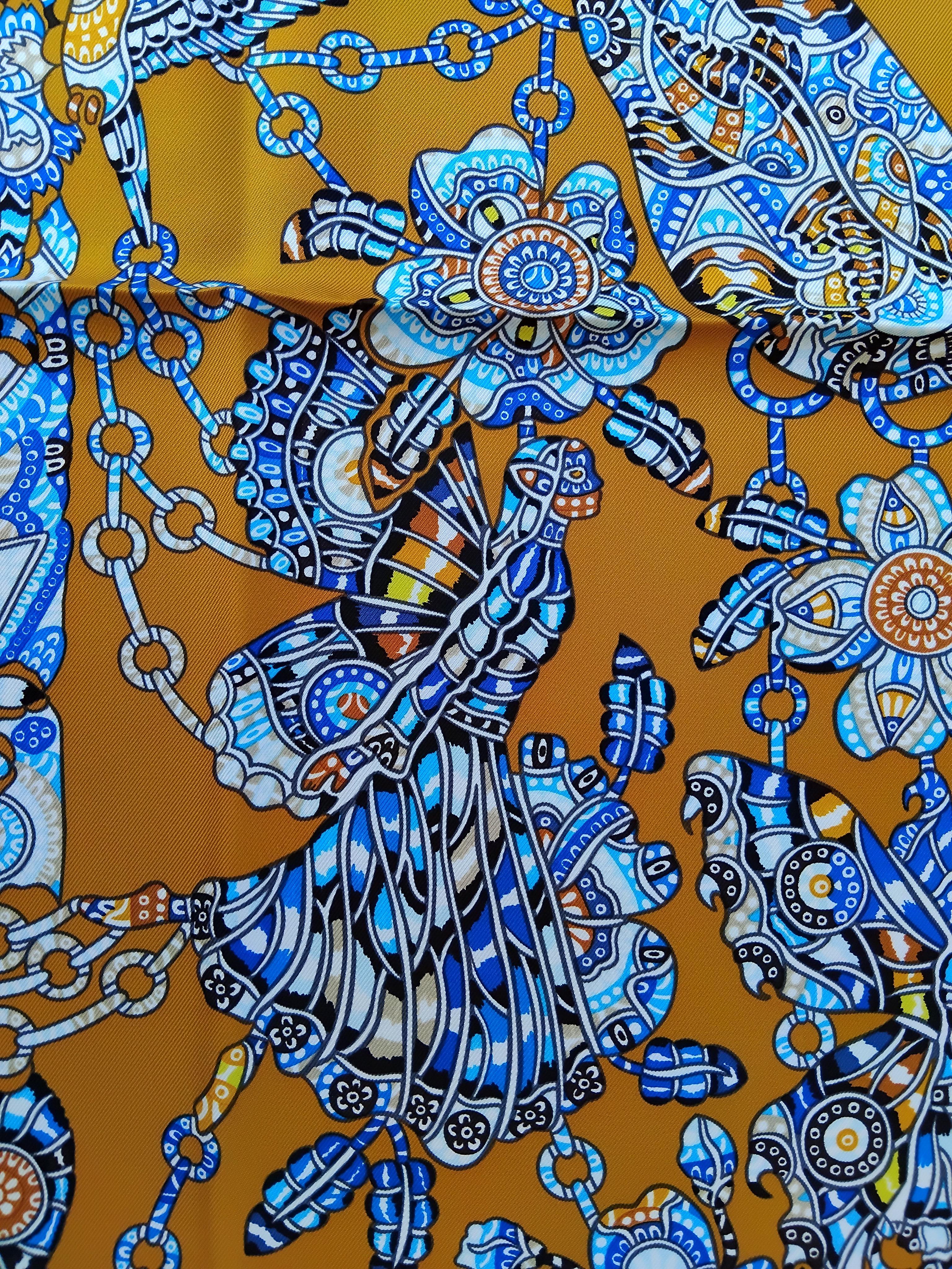 Hermès La Legende de La Foret Emeline Piot Silk Scarf Gold Blue 35' 10