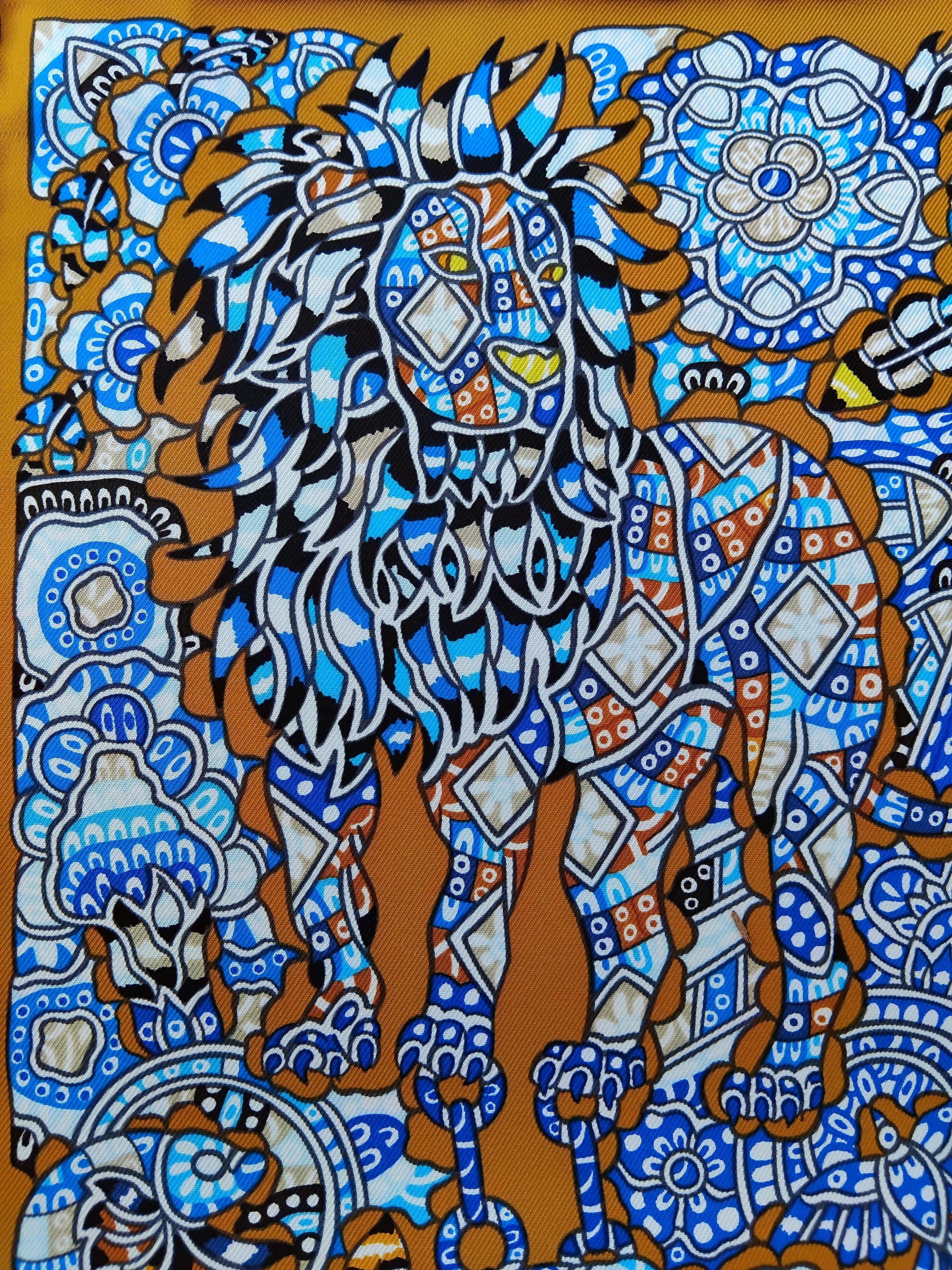 Hermès La Legende de La Foret Emeline Piot Silk Scarf Gold Blue 35' 11