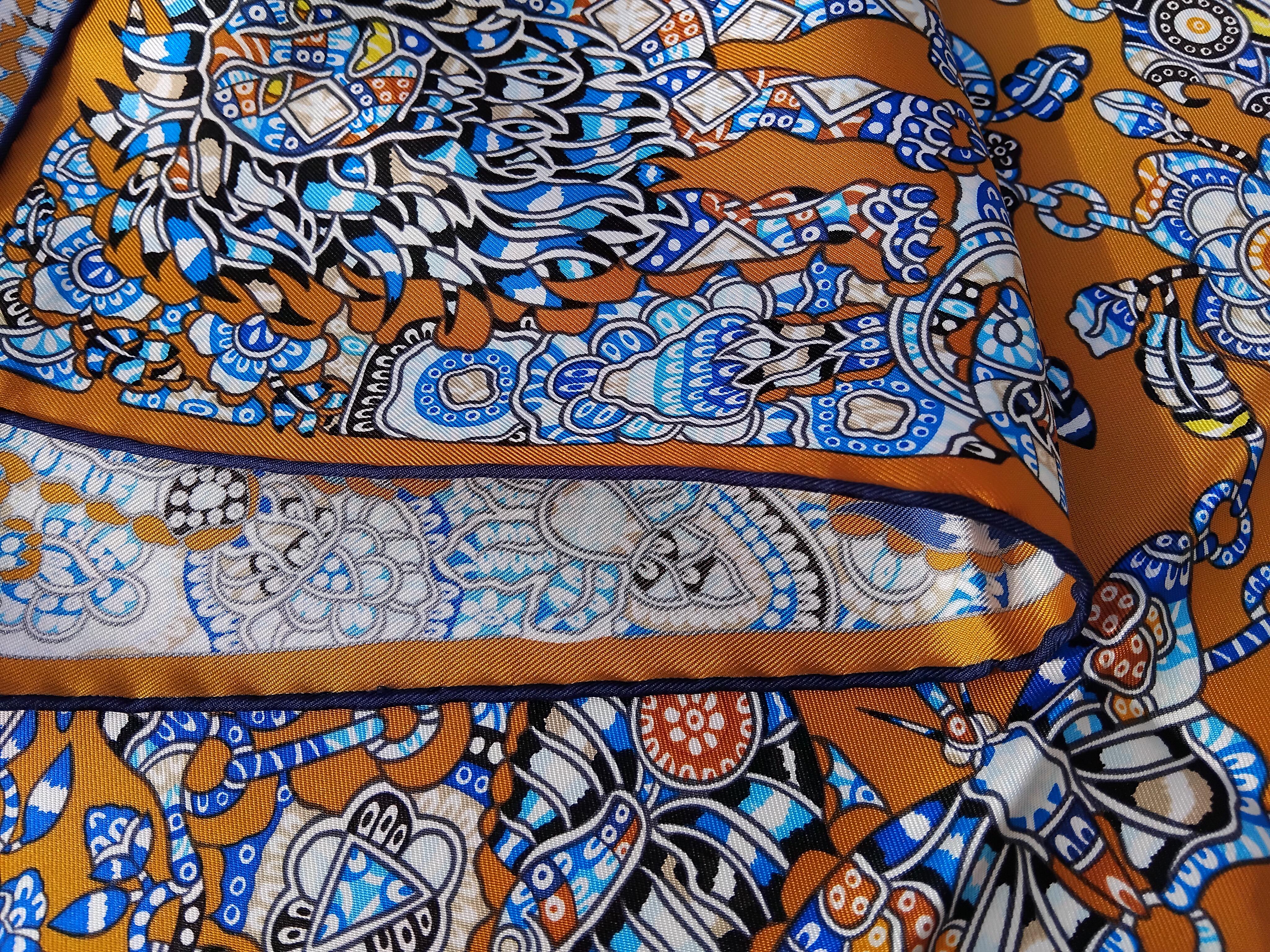 Hermès La Legende de La Foret Emeline Piot Silk Scarf Gold Blue 35' 13