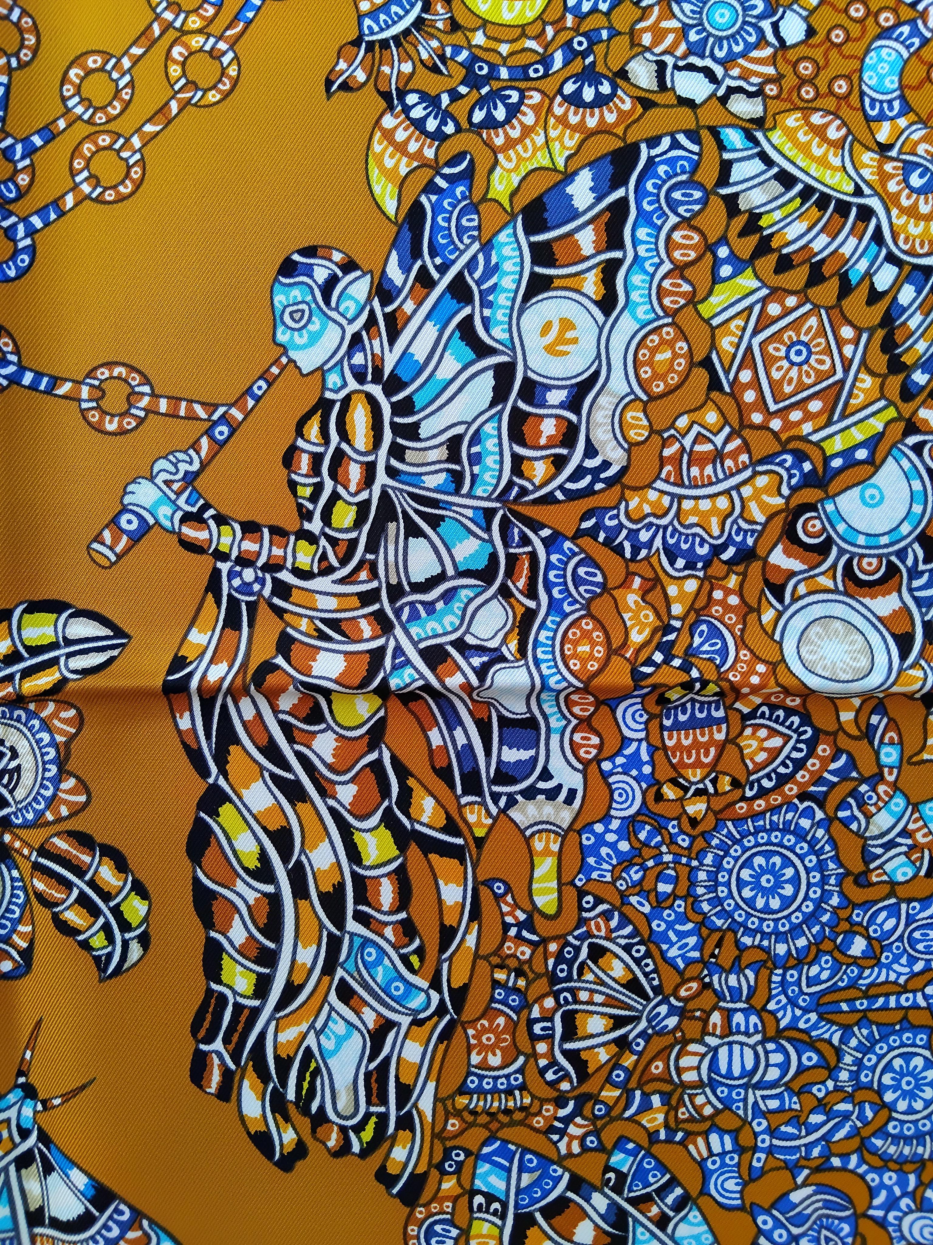 Hermès La Legende de La Foret Emeline Piot Silk Scarf Gold Blue 35' 14