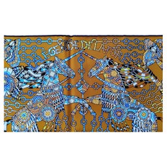 Hermès La Legende de La Foret Emeline Piot Silk Scarf Gold Blue 35'