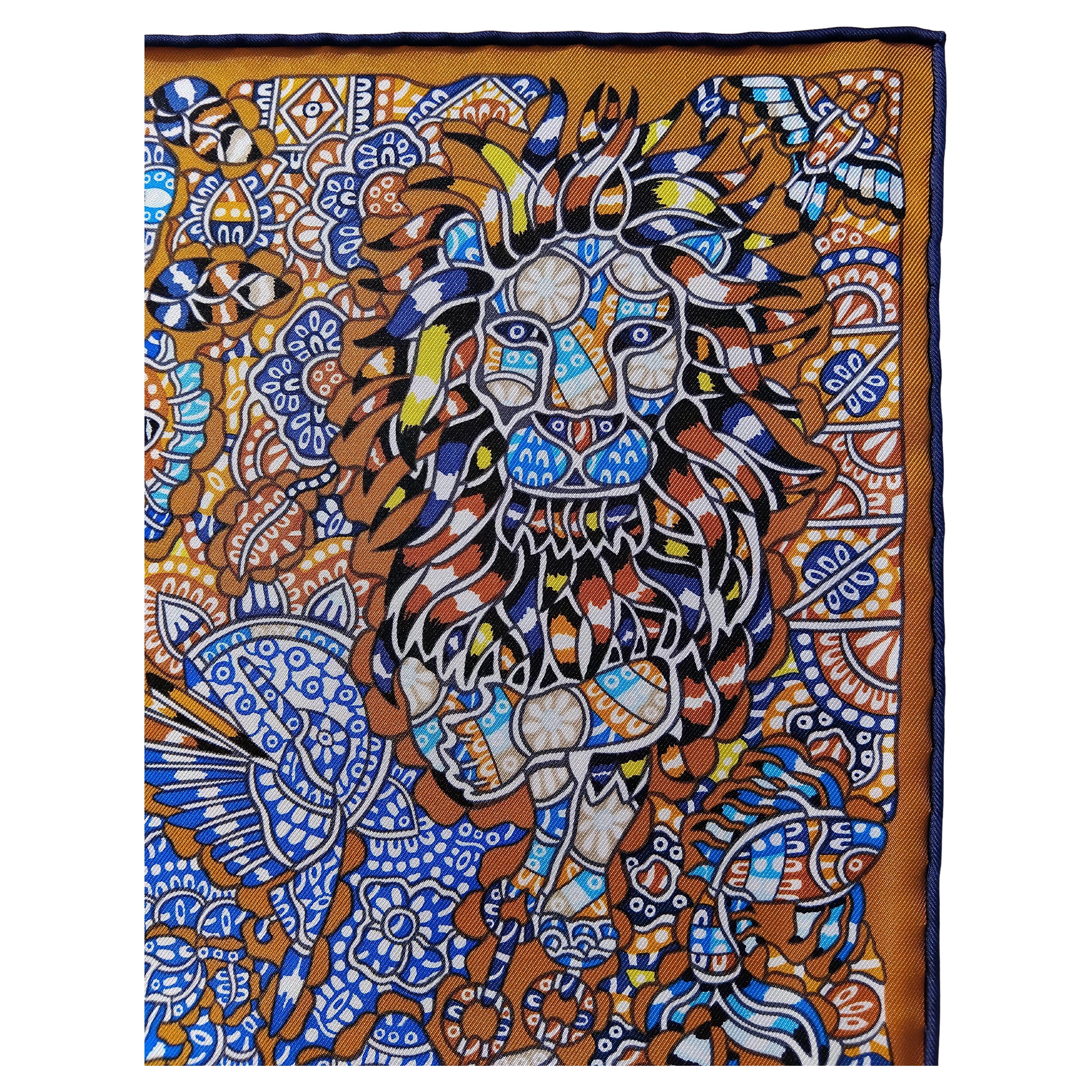 Brown Hermès La Legende de La Foret Emeline Piot Silk Scarf Gold Blue 35'
