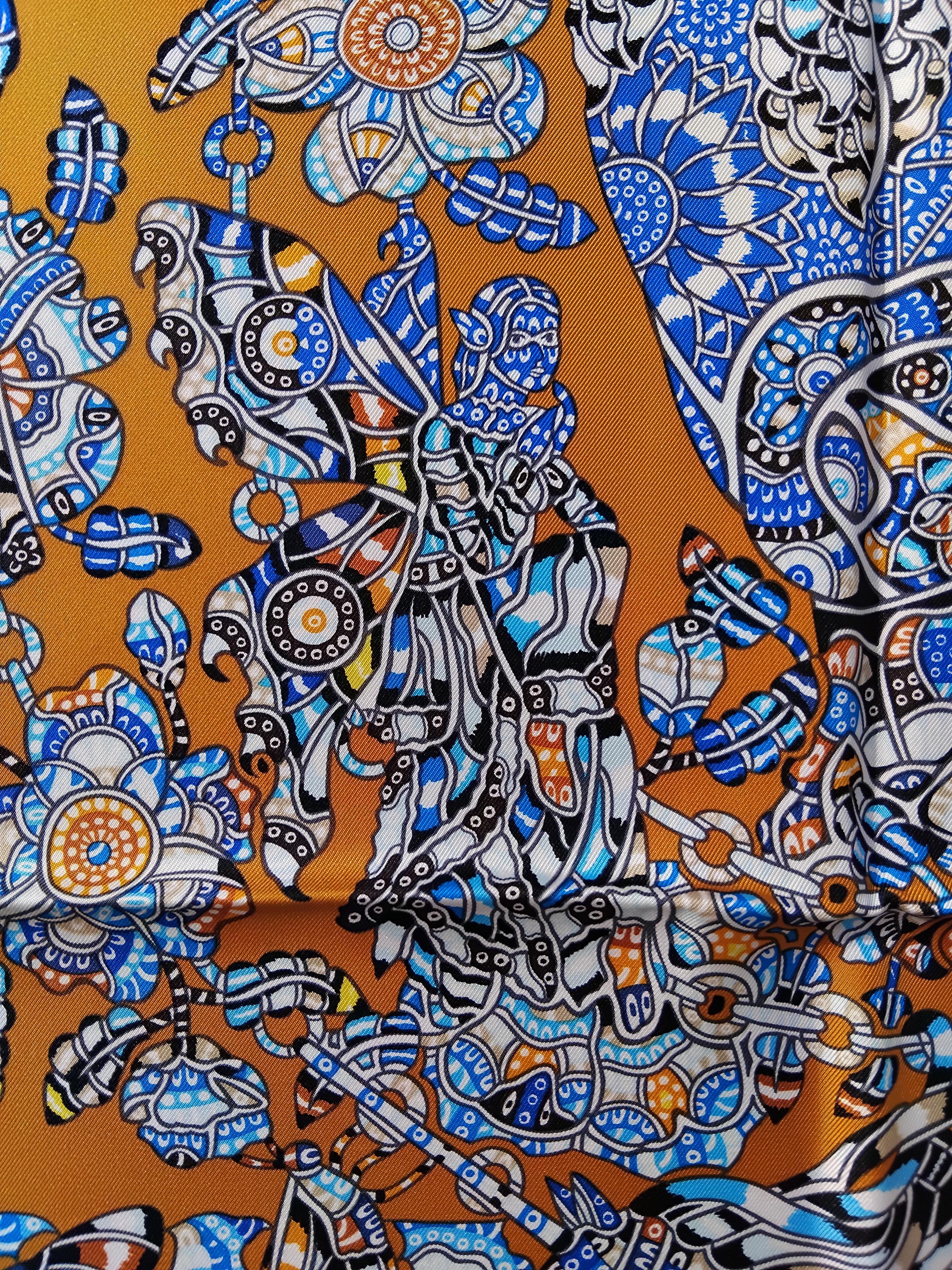 Hermès La Legende de La Foret Emeline Piot Silk Scarf Gold Blue 35' 3