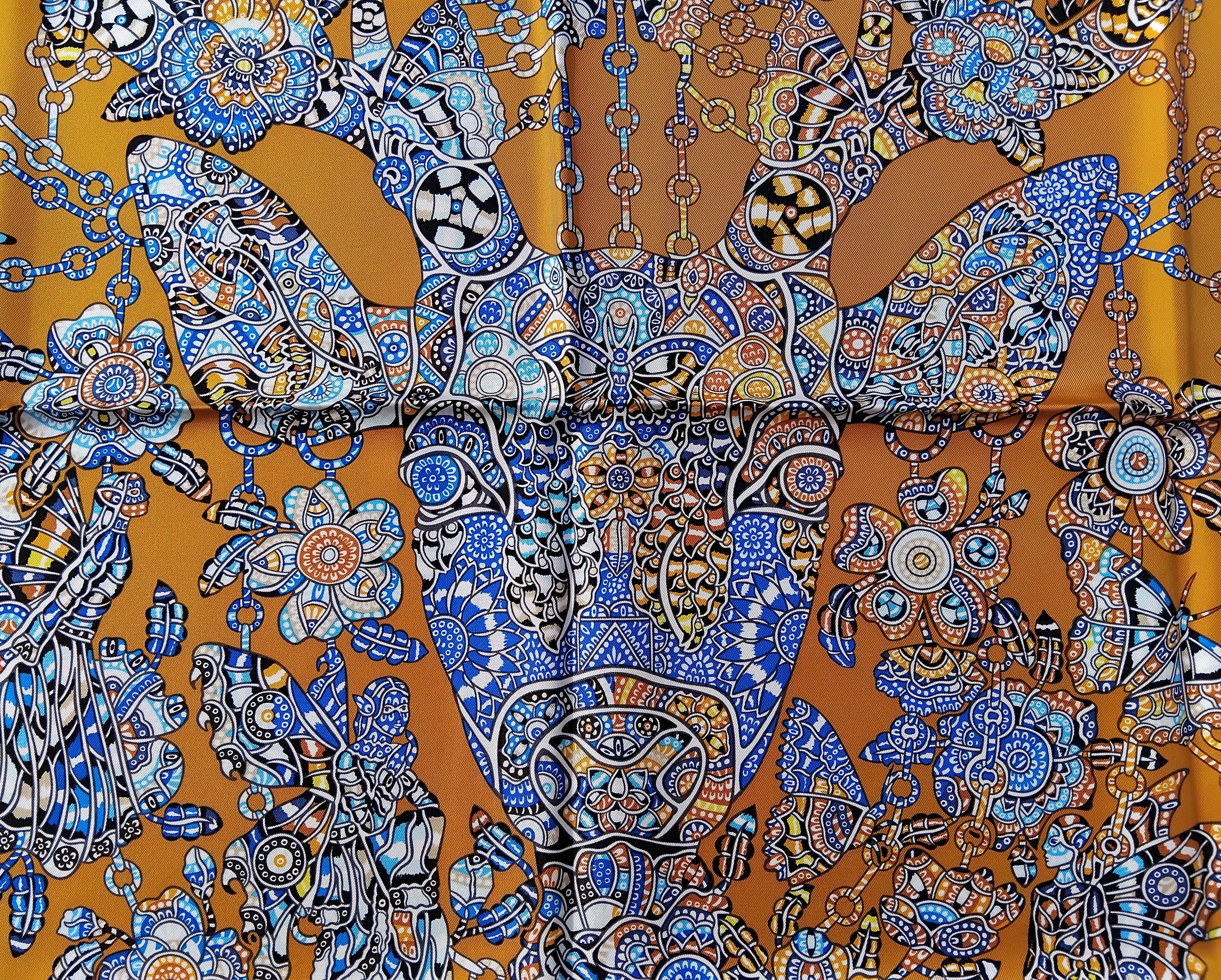 Hermès La Legende de La Foret Emeline Piot Silk Scarf Gold Blue 35' 2
