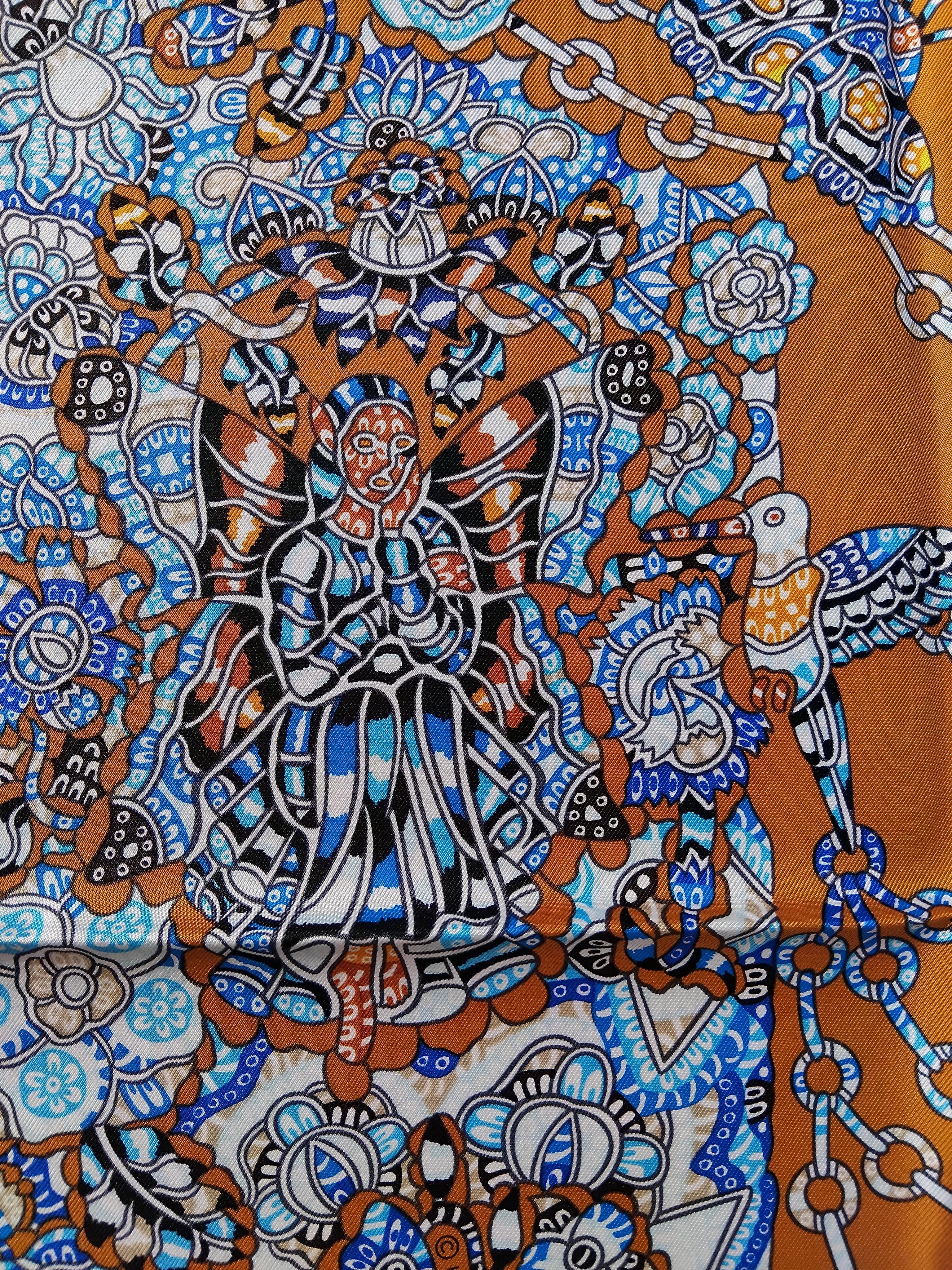 Hermès La Legende de La Foret Emeline Piot Silk Scarf Gold Blue 35' 4