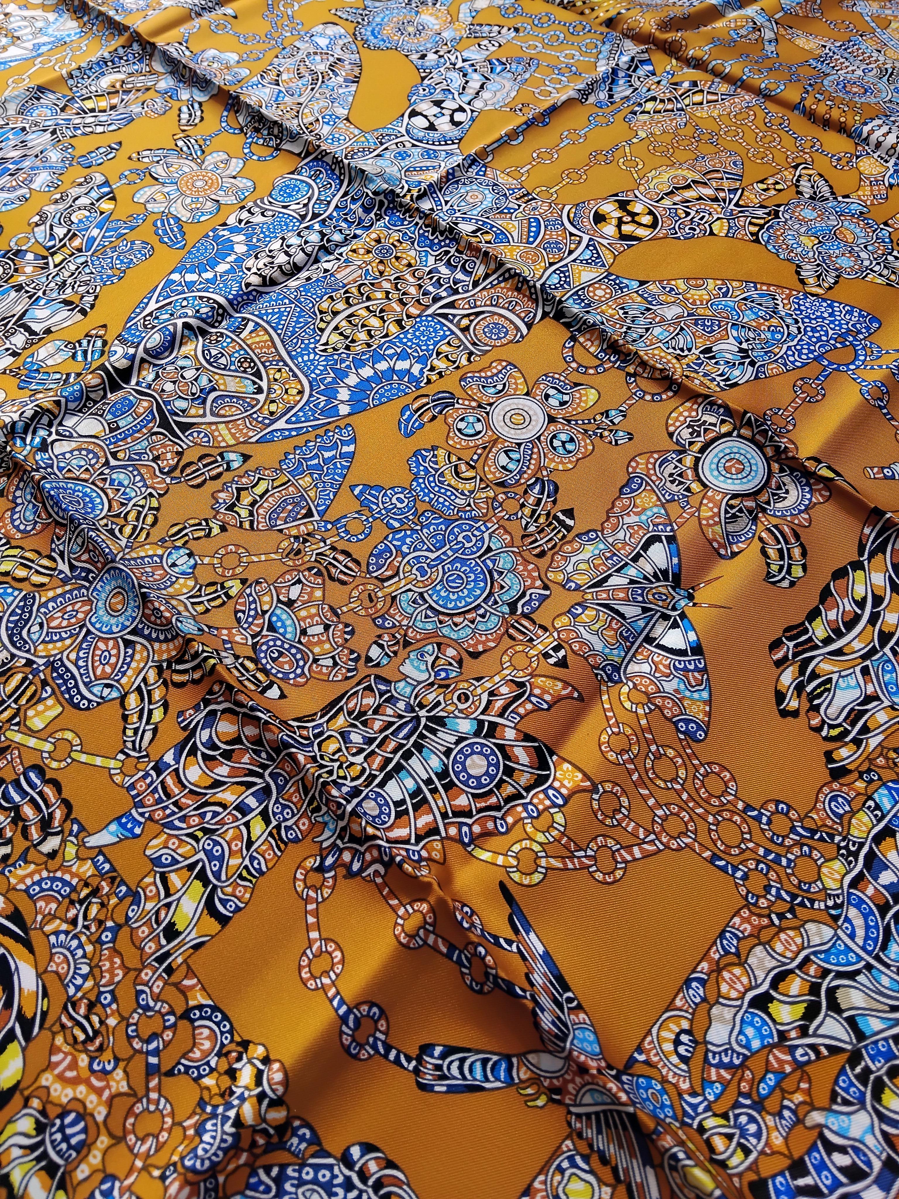 Hermès La Legende de La Foret Emeline Piot Silk Scarf Gold Blue 35' 6