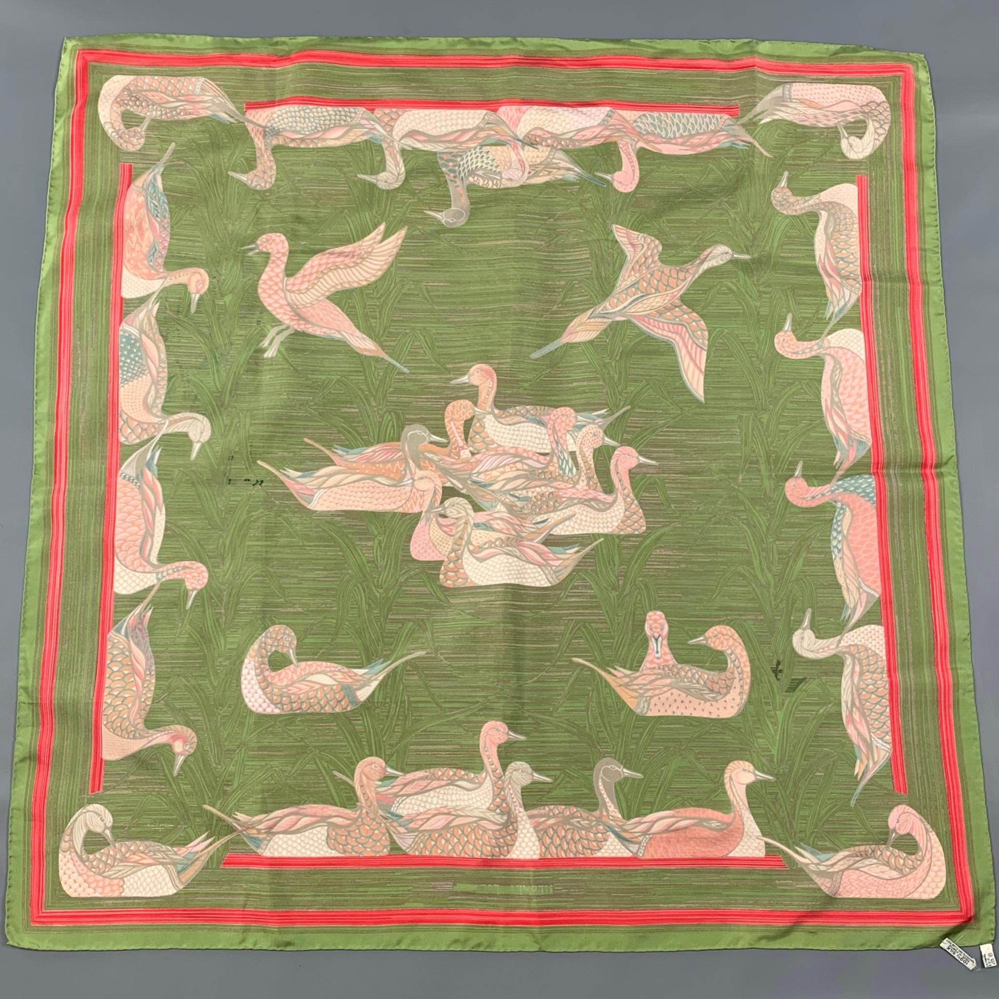 HERMES LA MARE AUX CANARDS Green Pink Print Silk Scarf 1
