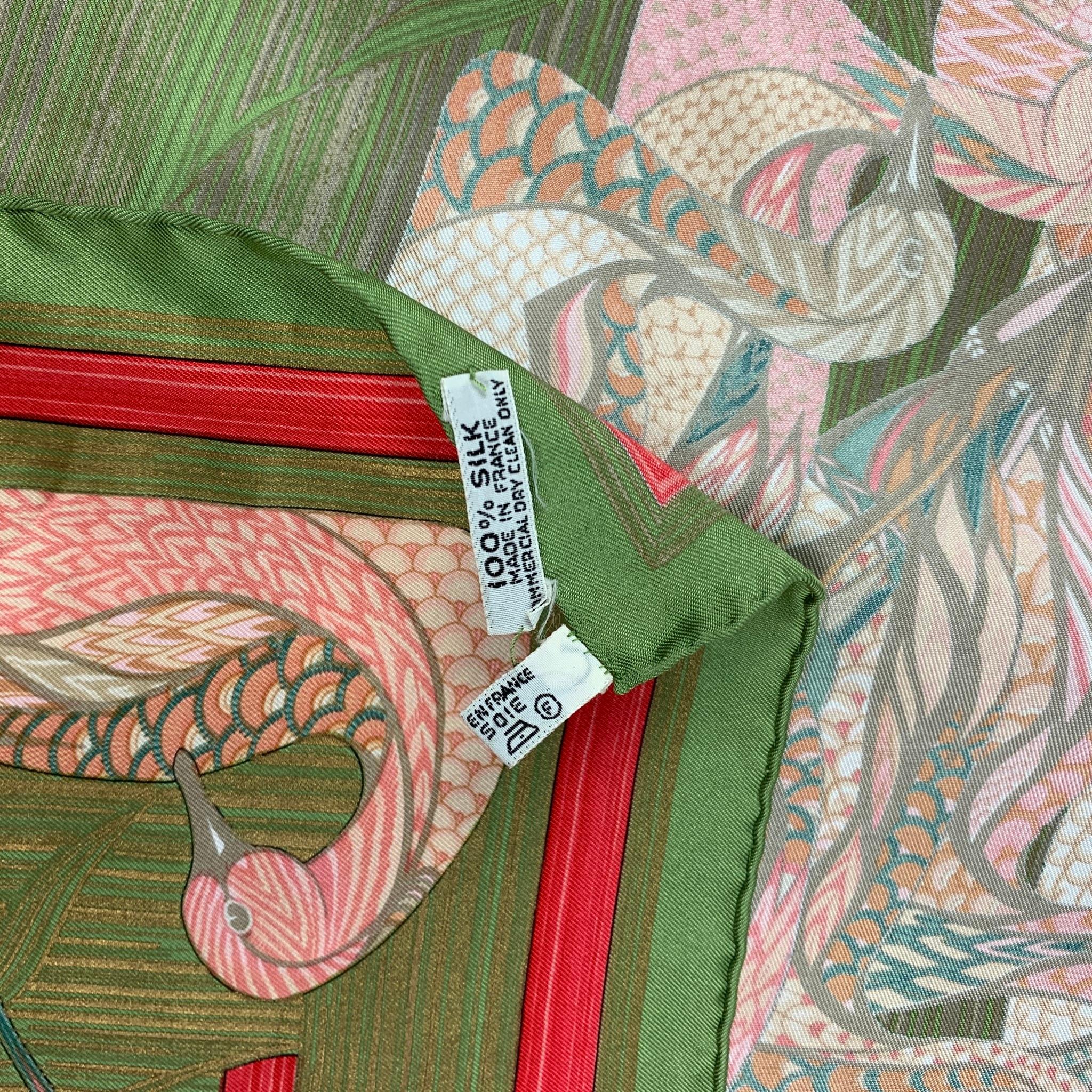 HERMES LA MARE AUX CANARDS Green Pink Print Silk Scarf 2