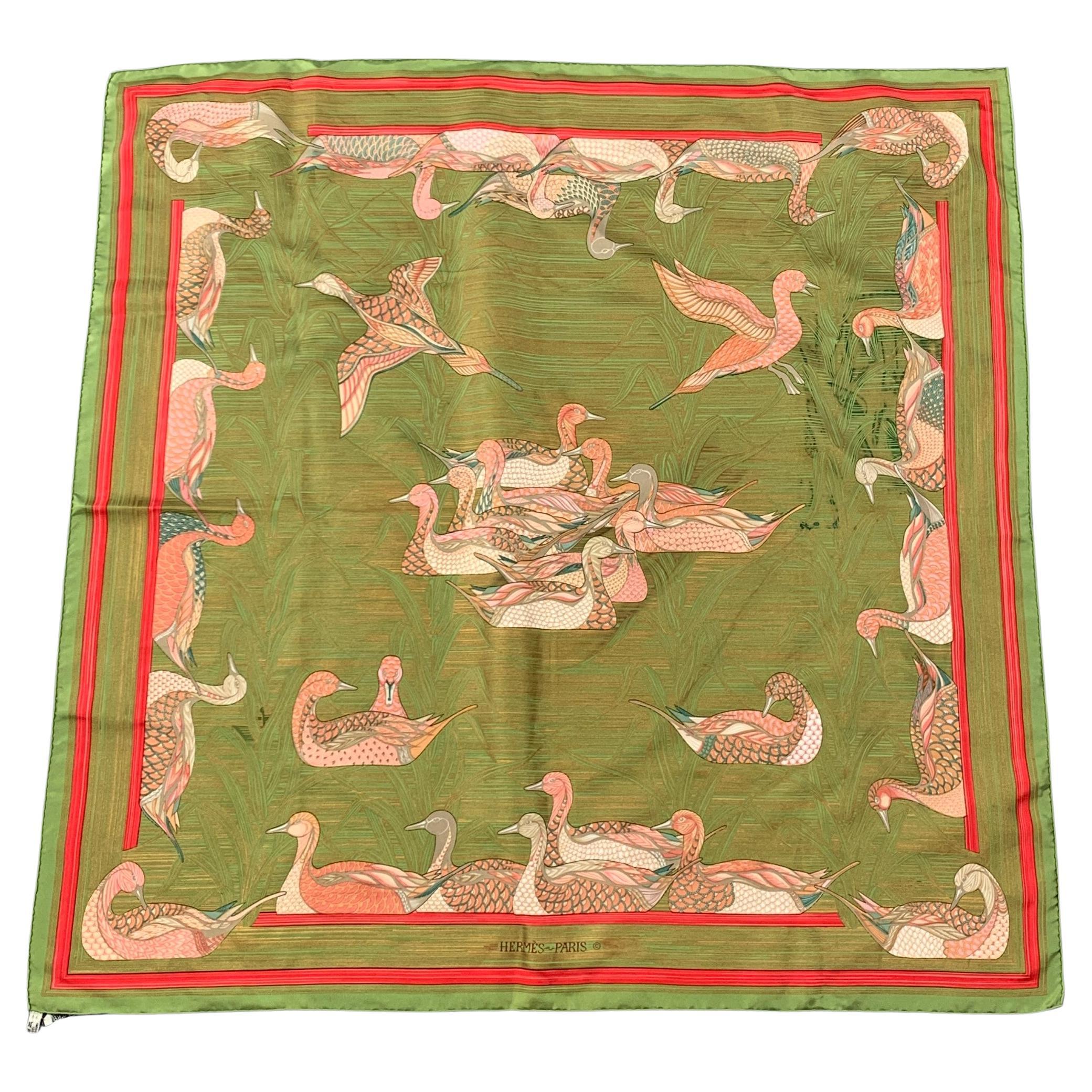 HERMES LA MARE AUX CANARDS Green Pink Print Silk Scarf