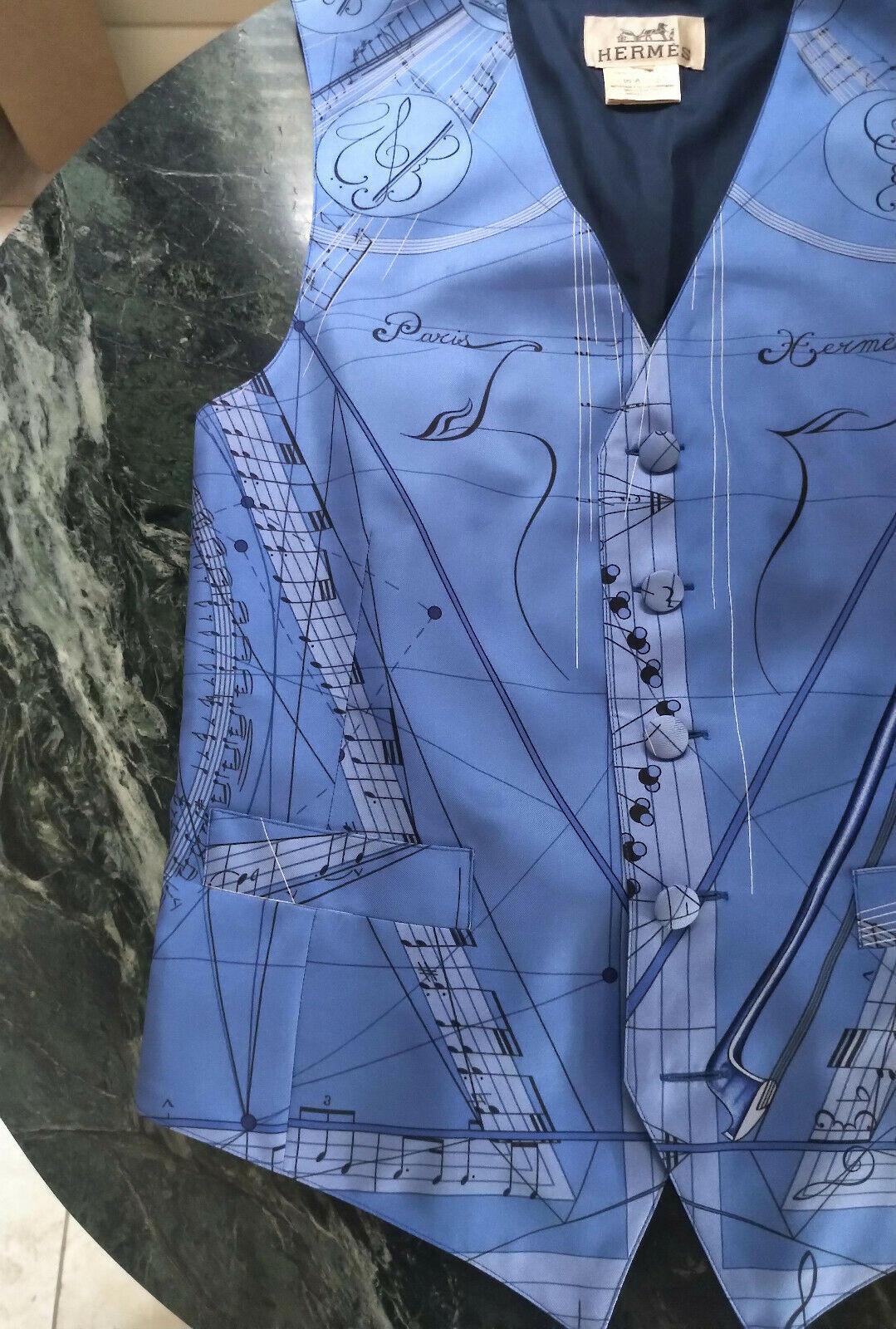 Hermès La Musique French Azure Blue 100% Silk Scarf Print Vest FR 38/ US 4 6 For Sale 7