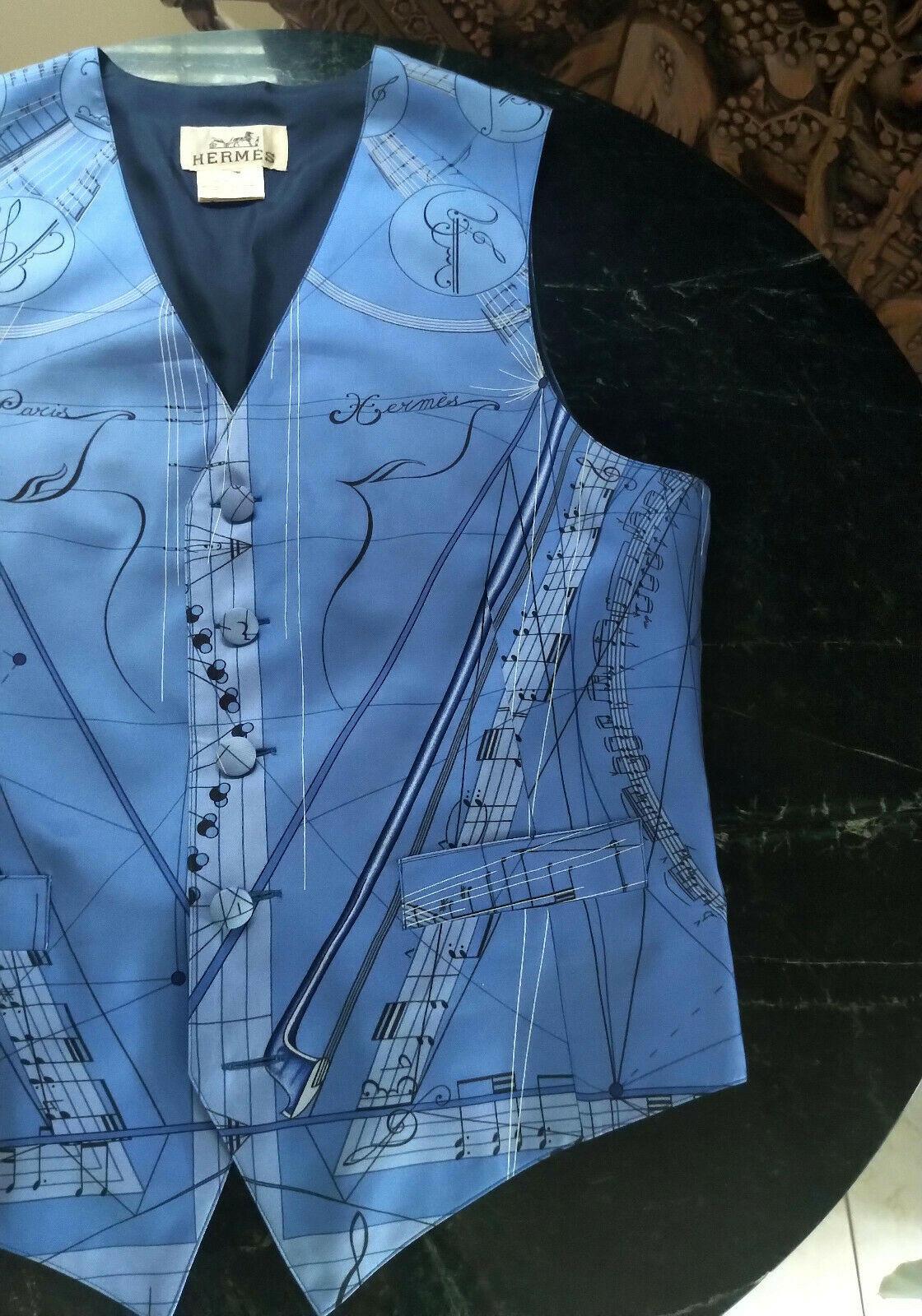 Hermès La Musique French Azure Blue 100% Silk Scarf Print Vest FR 38/ US 4 6 For Sale 8