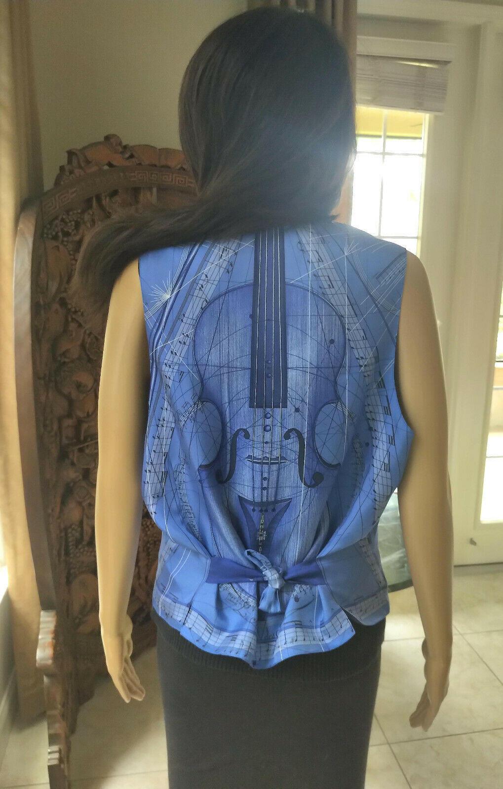 Hermès La Musique French Azure Blue 100% Silk Scarf Print Vest FR 38/ US 4 6 For Sale 4