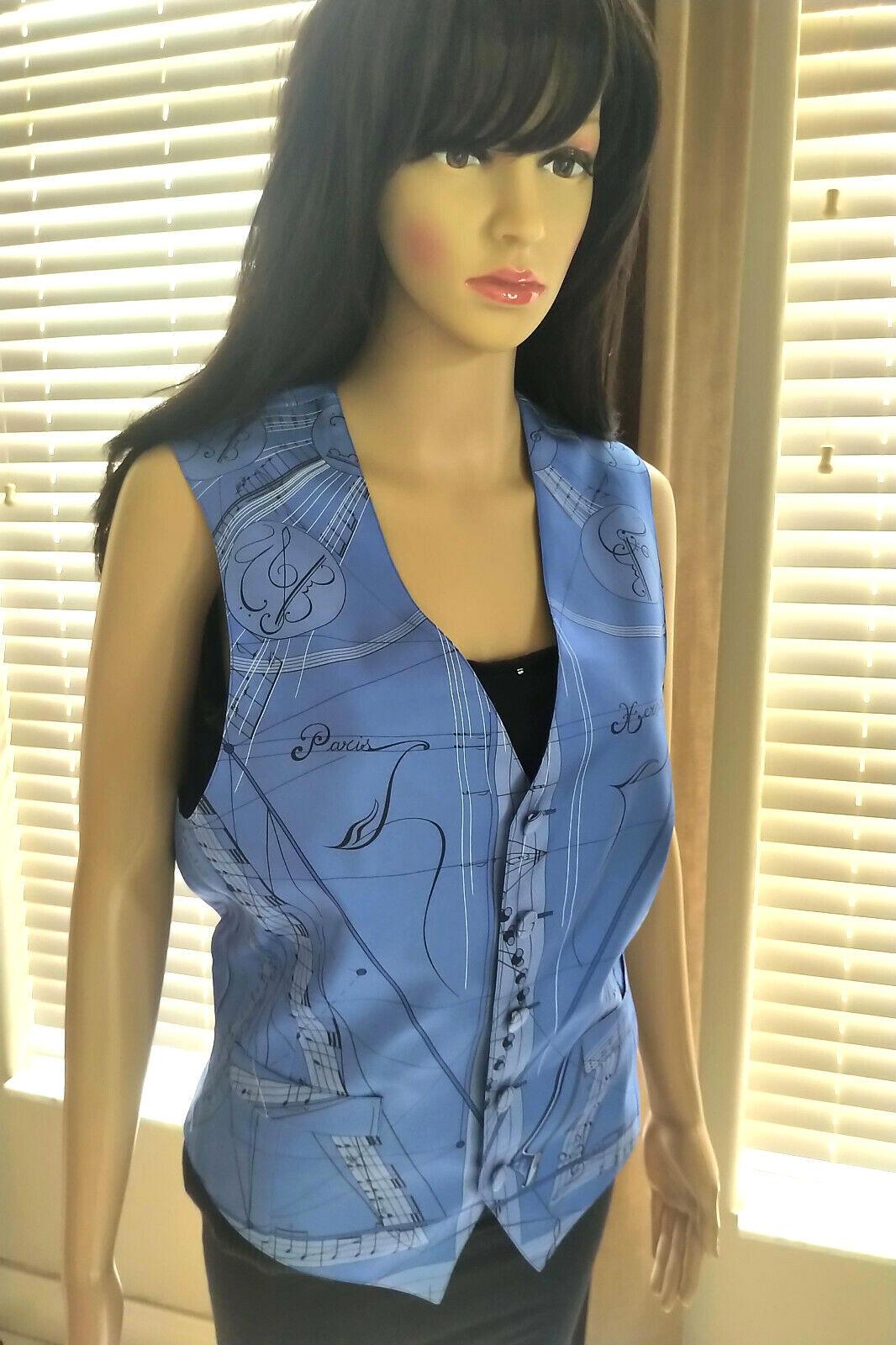 Hermès La Musique French Azure Blue 100% Silk Scarf Print Vest FR 38/ US 4 6 For Sale 6