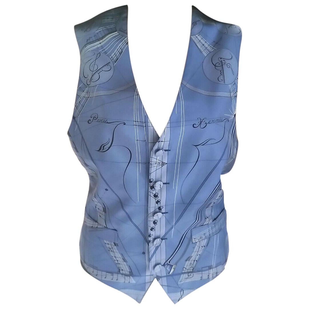 Hermès La Musique French Azure Blue 100% Silk Scarf Print Vest FR 38/ US 4 6 For Sale