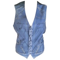 Vintage Hermès La Musique French Azure Blue 100% Silk Scarf Print Vest FR 38/ US 4 6