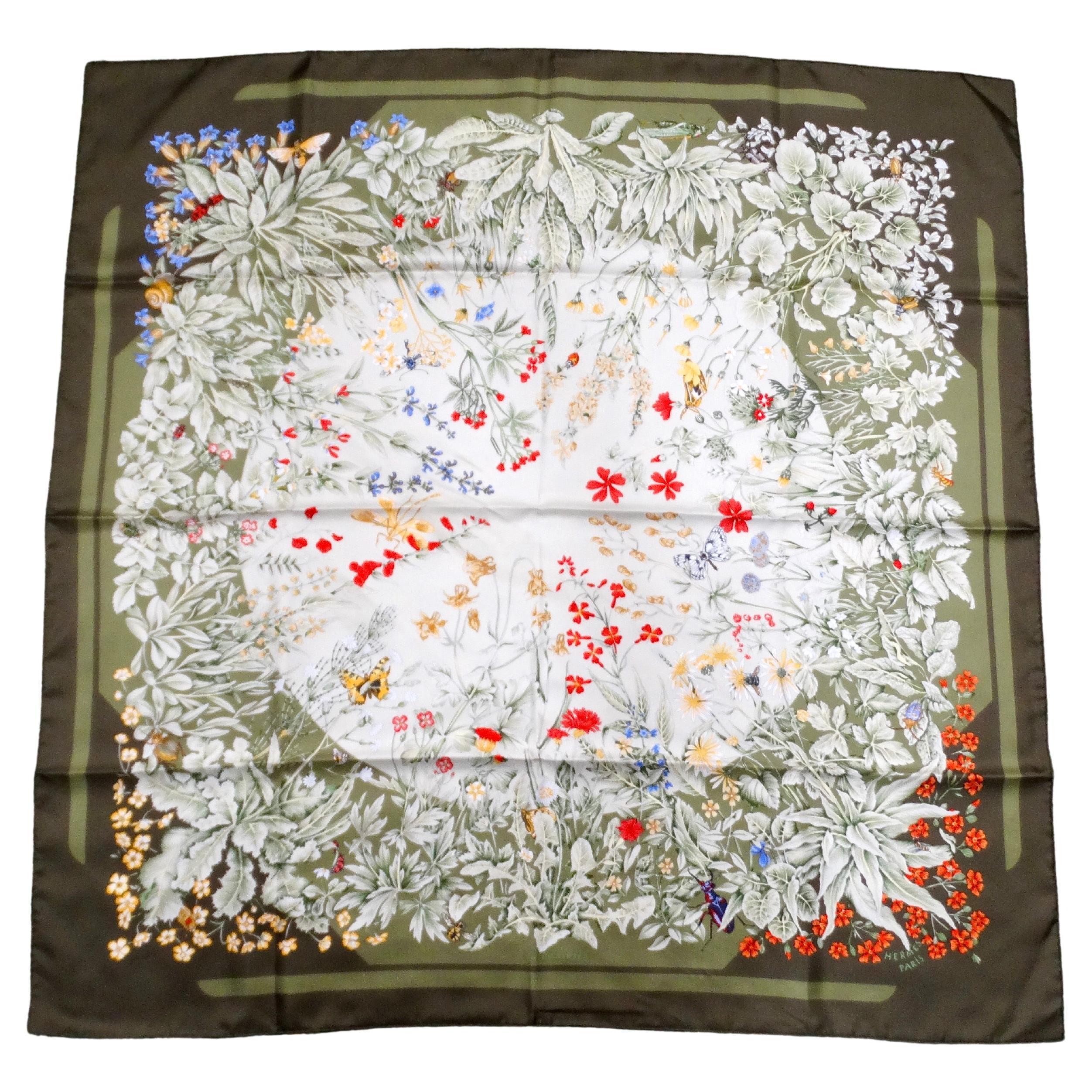 Hermes "La Prairie" 90 cm Green Flower Garden Print Silk Scarf For Sale