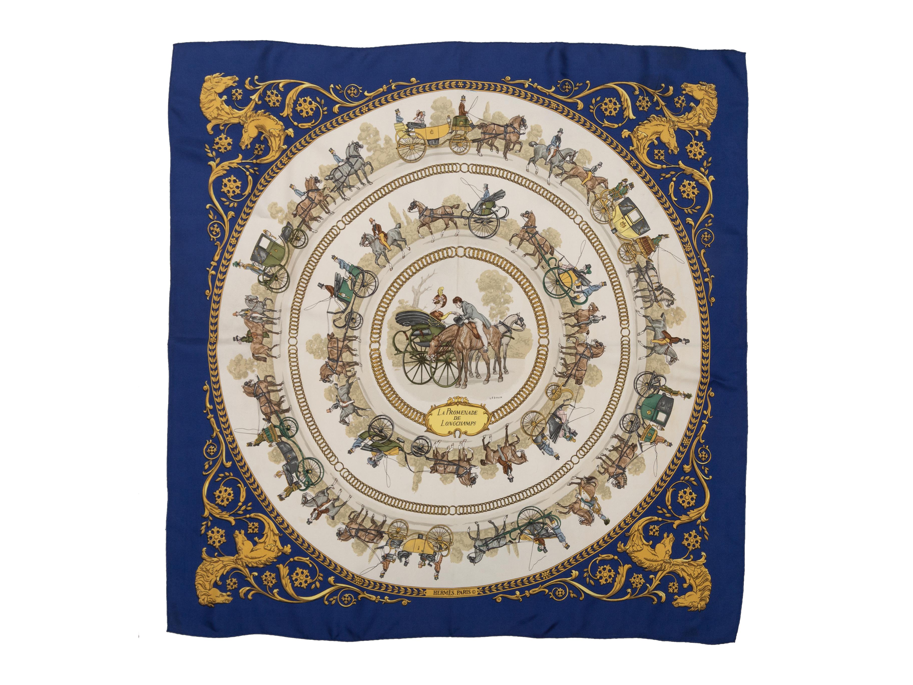 Product details: Blue and multicolor La Promenade De Longchamps motif silk scarf by Hermes. 34