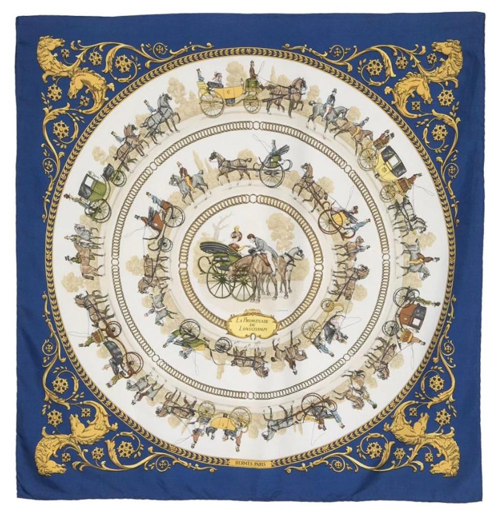 Hermes La Promenade de Longchamps by P Ledoux Silk Scarf In Good Condition In Paris, FR