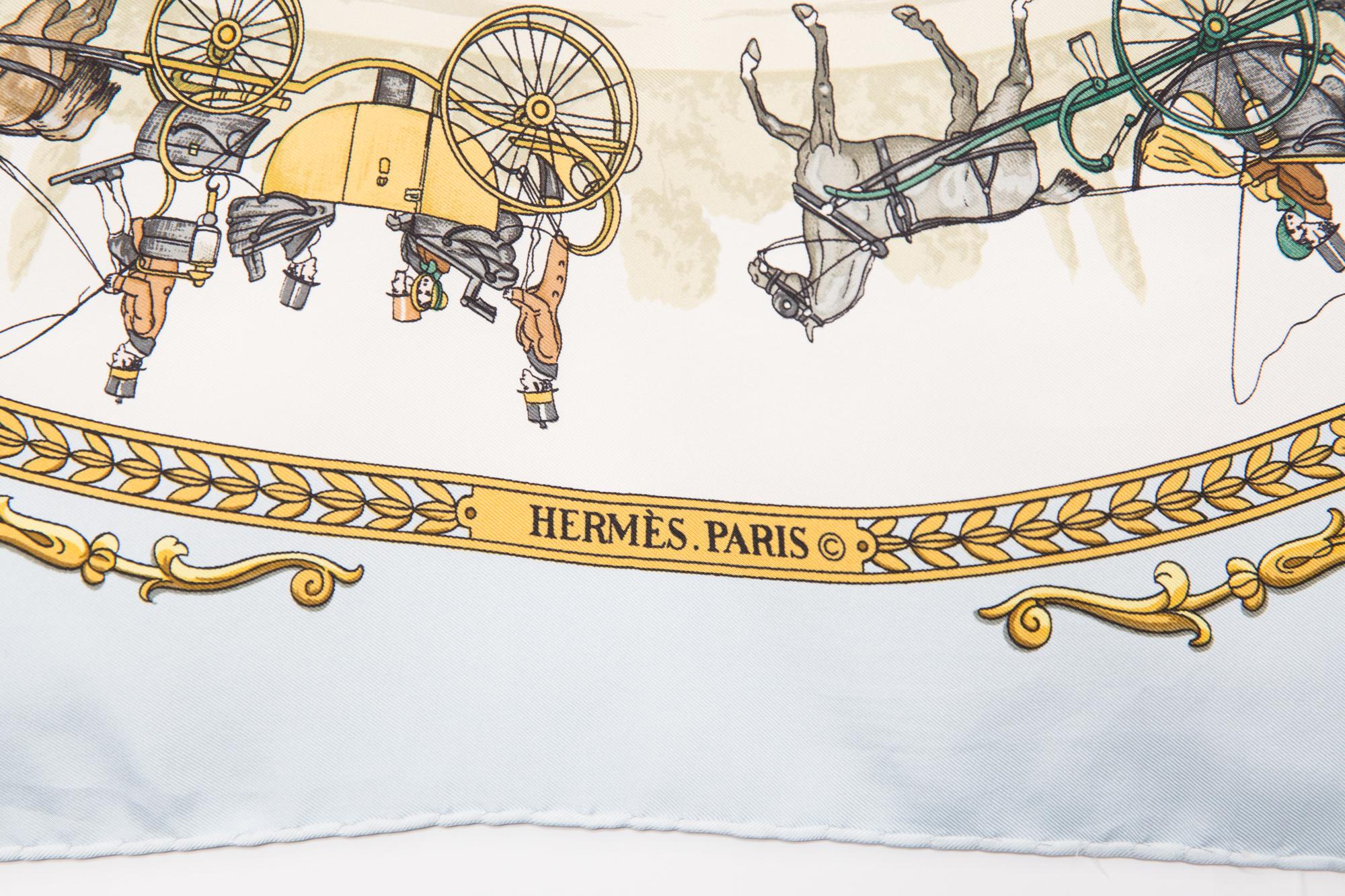 Beige Hermes La Promenade de Longchamps by P Ledoux Silk Scarf For Sale