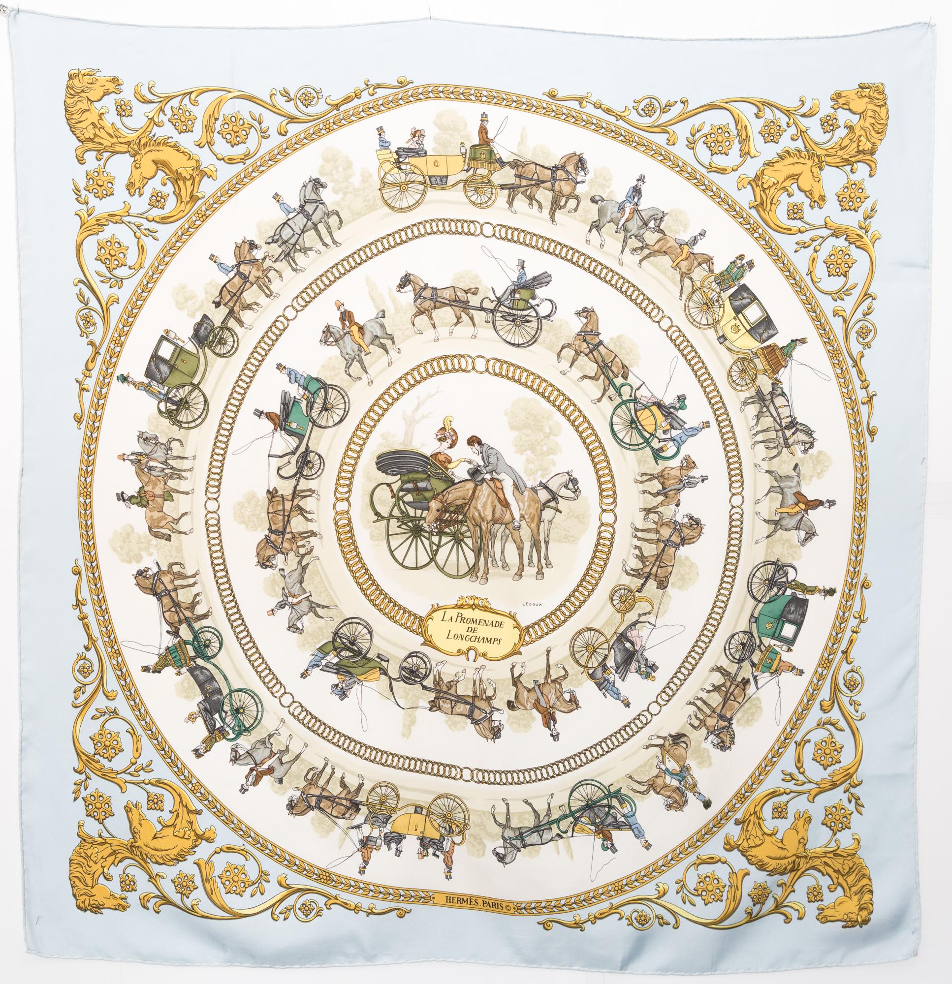 Hermes La Promenade de Longchamps by P Ledoux Silk Scarf In Good Condition For Sale In Paris, FR