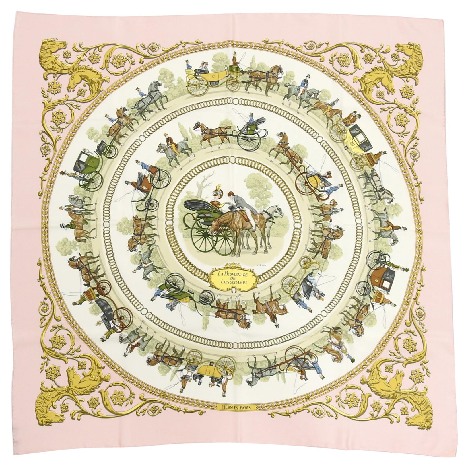 Hermes La Promenade de Longchamps Light Pink 90cm Silk Scarf