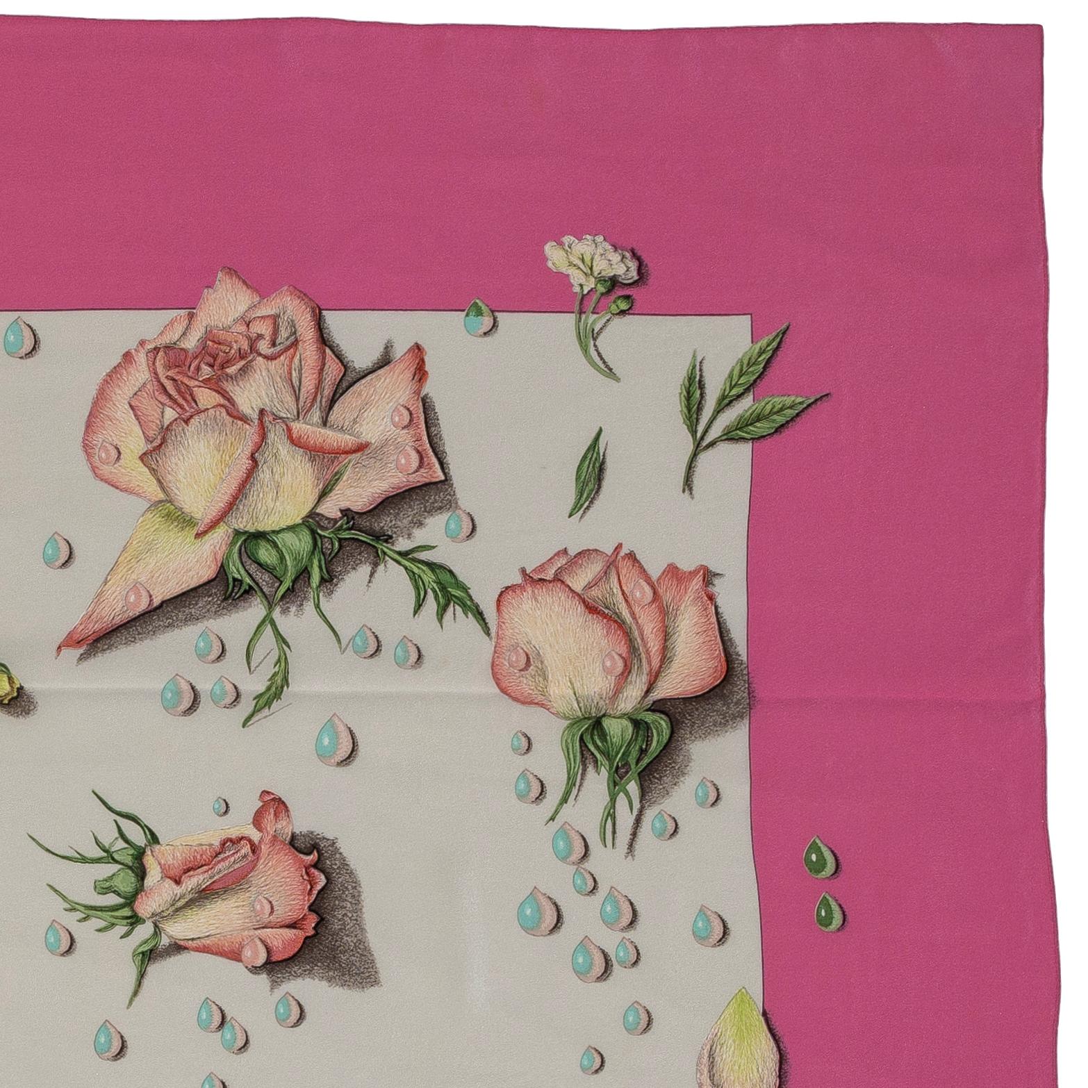 Marrone Hermes La Rosee - Scialle di seta 140 - Crepe di seta - Rosa - MWOCT - Raro! in vendita