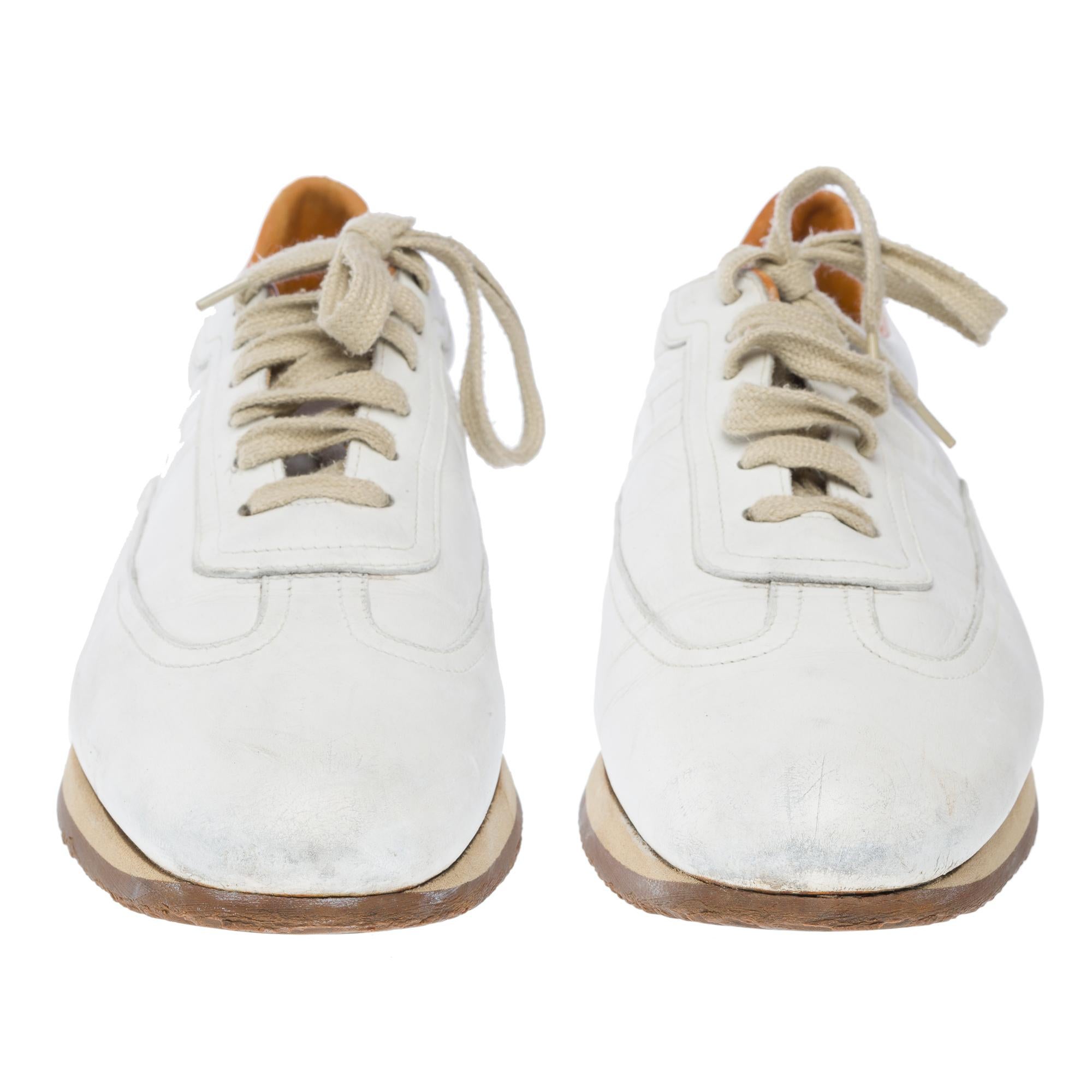Gray Hermès Lace-Up Sneakers in white calfskin leather For Sale