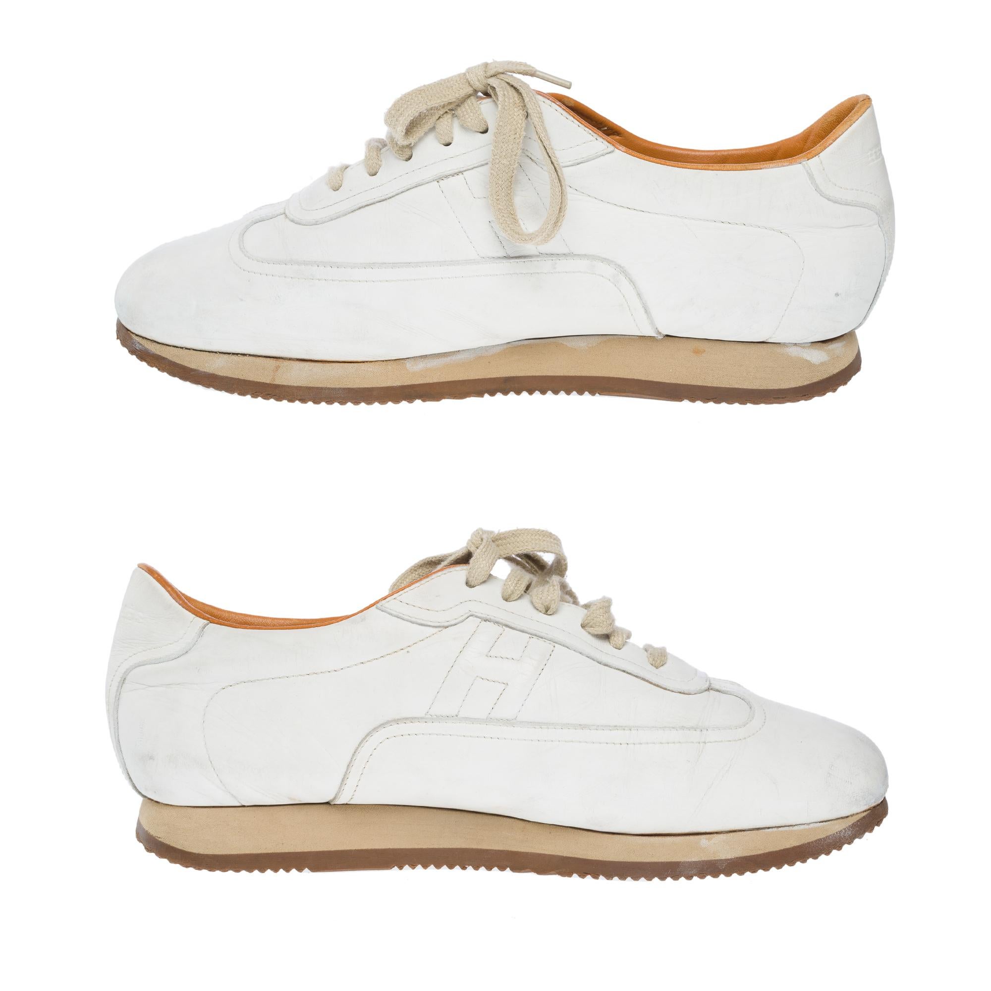 Men's Hermès Lace-Up Sneakers in white calfskin leather For Sale