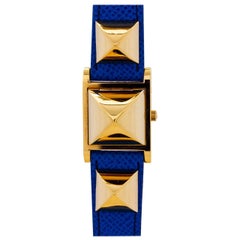 Hermes Ladies Gold Plate stainless steel Medor blue strap quartz Wristwatch  