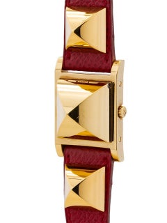 Hermes Ladies Gold Plate stainless steel Medor red strap quartz Wristwatch