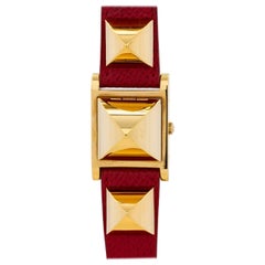 Hermes Ladies Gold Plate stainless steel Medor red strap quartz Wristwatch  