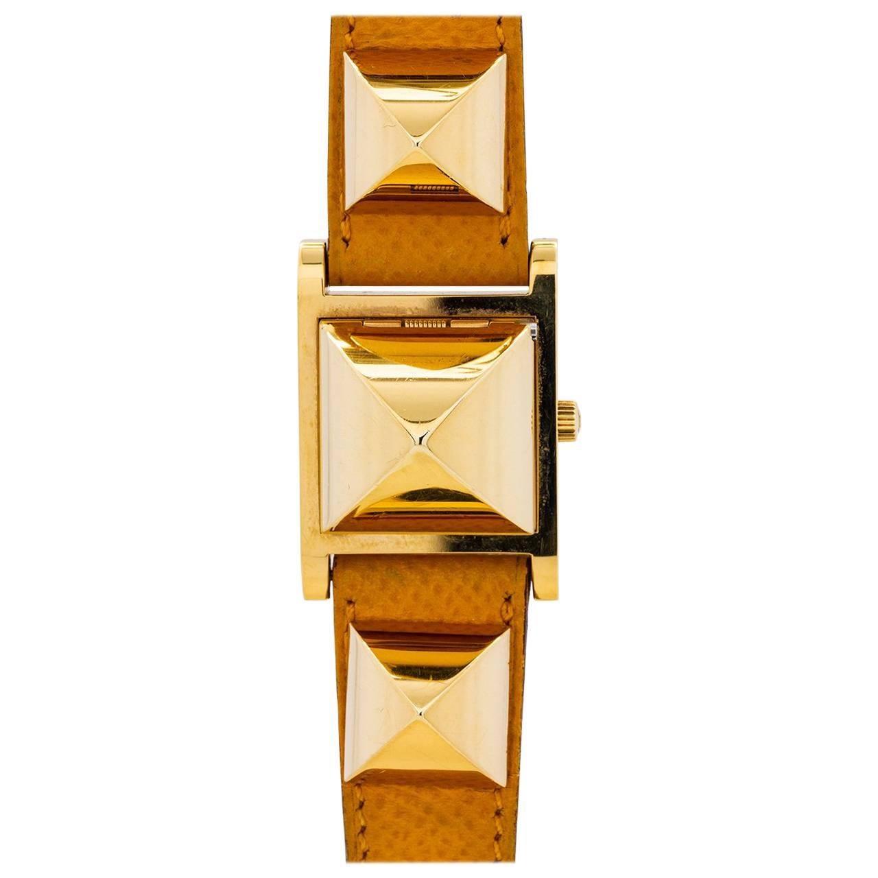 Hermes Ladies Gold Plate stainless steel Medor yellow strap quartz Wristwatch  
