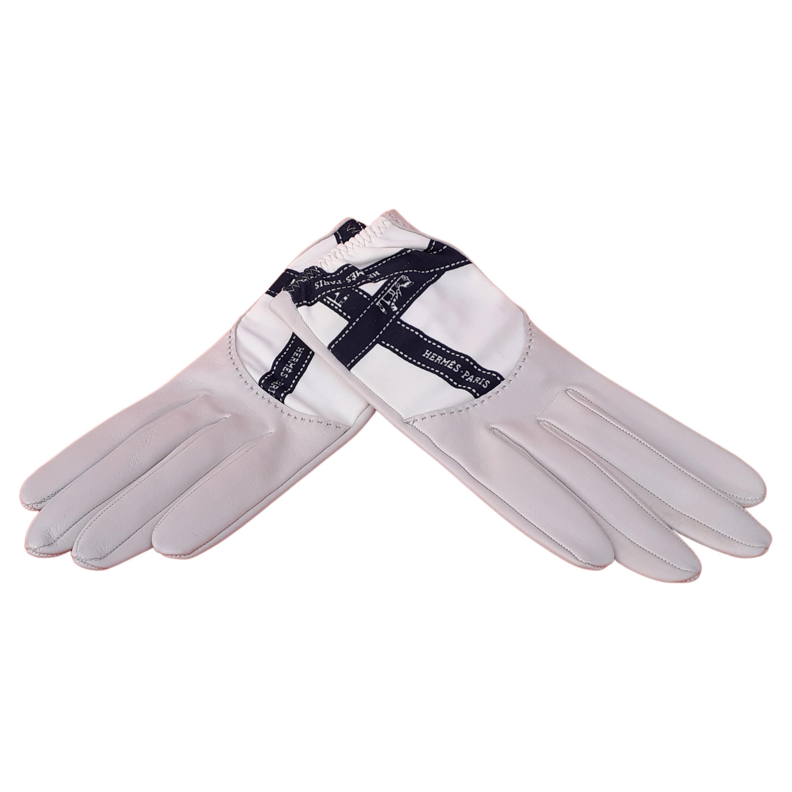 Hermès Lamskin Leather Gloves Ribbon Printed White and Black Size 7