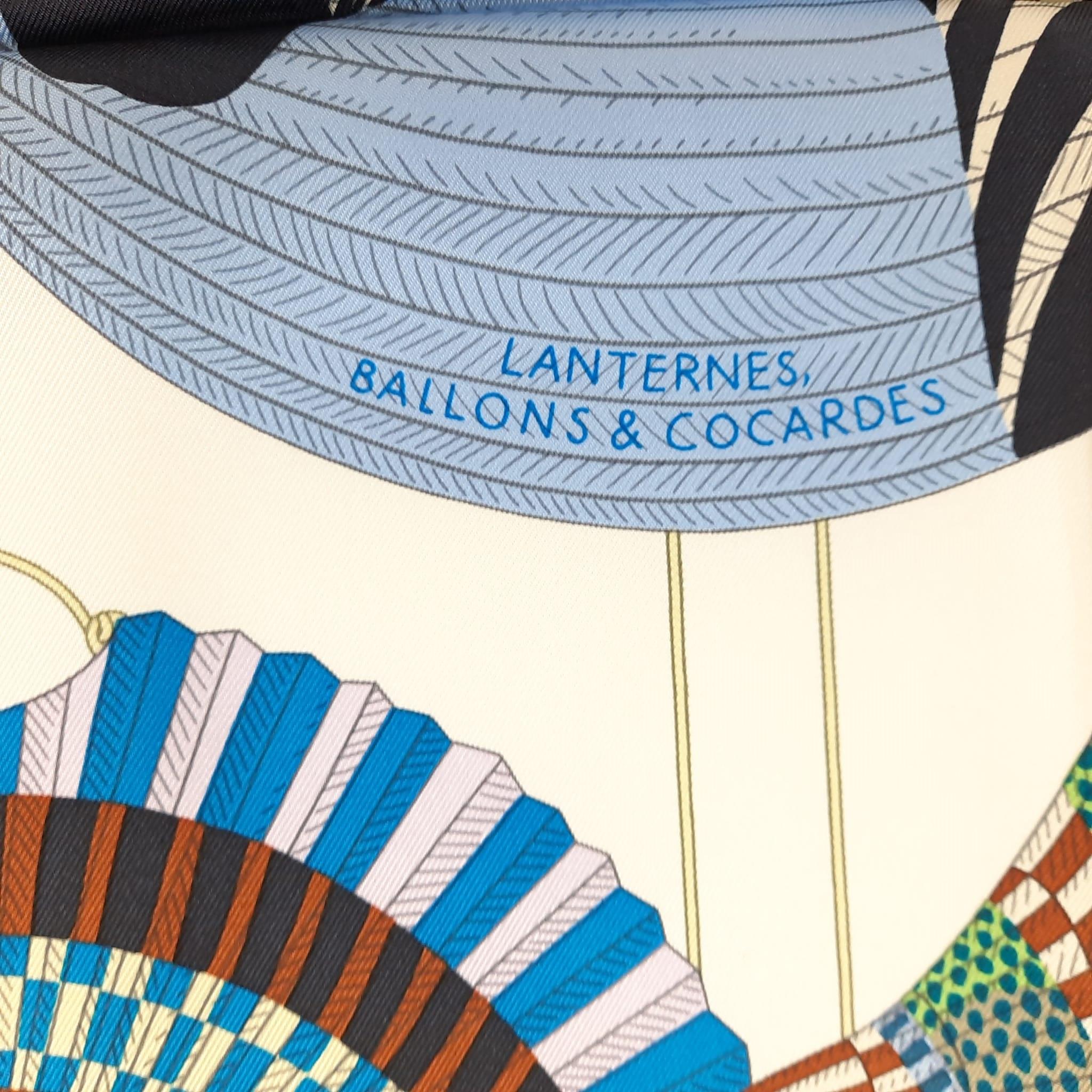 Hermes Lanternes, Ballons Et Cocardes Scarf 90 Silk Bleu Ciel / Blanc / In New Condition In Nicosia, CY