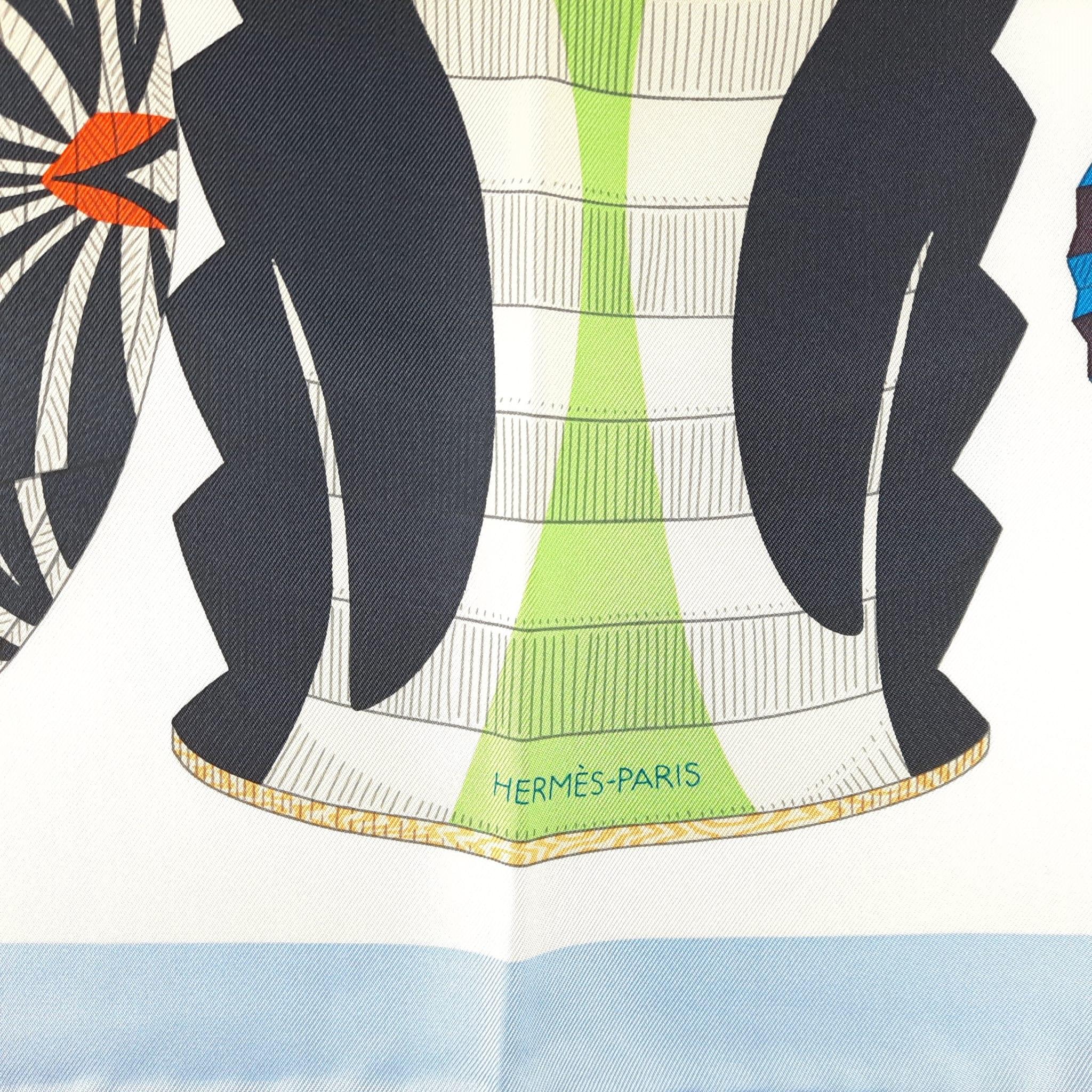 Women's or Men's Hermes Lanternes, Ballons Et Cocardes Scarf 90 Silk Bleu Ciel / Blanc /