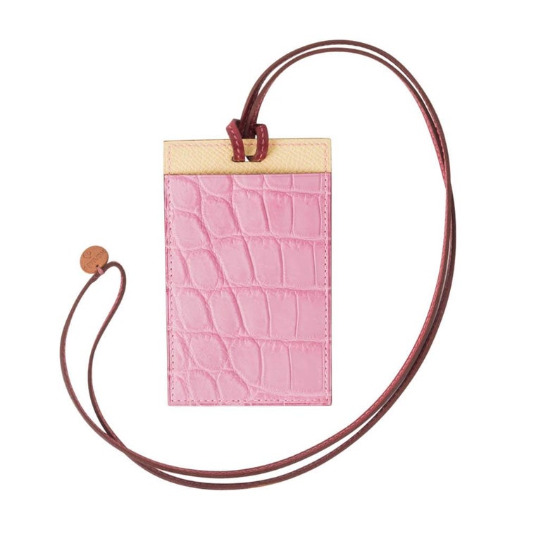 Hermes Lanyard Card Holder 5P Pink Porosus Crocodile / Jaune Epsom at