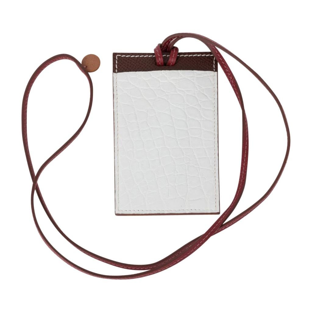 Hermes Lanyard Card Holder Nuage Porosus Crocodile Brown Epsom