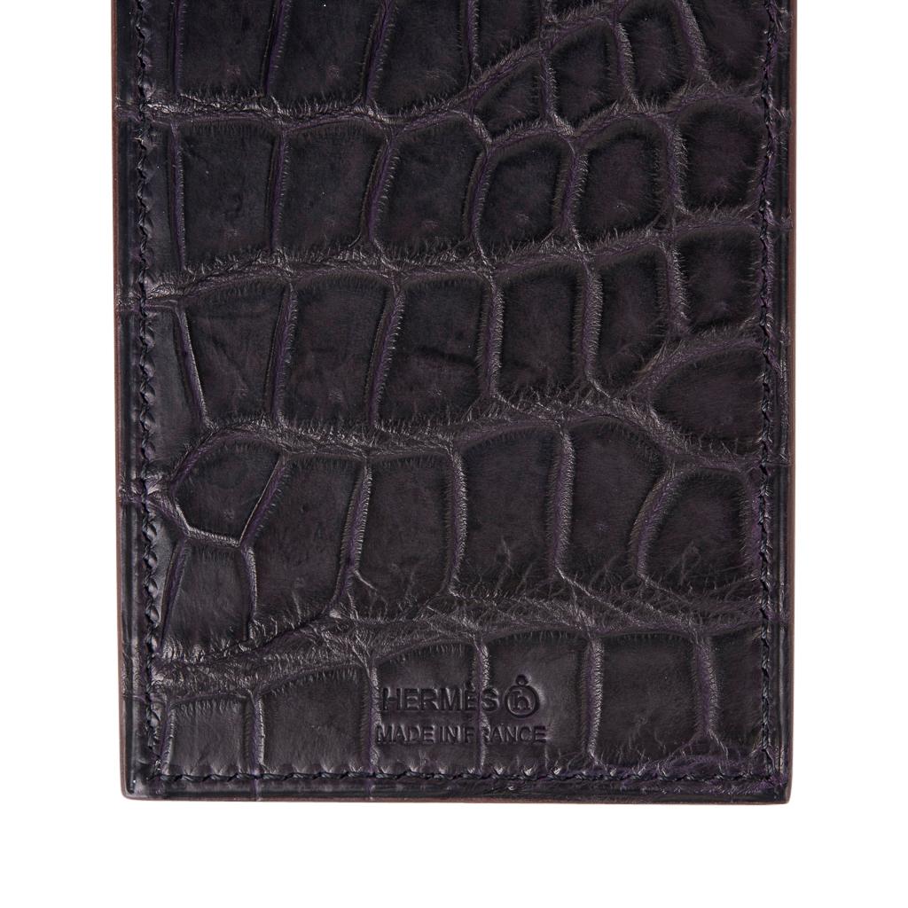 Women's or Men's Hermes Lanyard Card Holder Prunoir Matte Crocodile / Bleu Vert Epsom Bi-Color For Sale