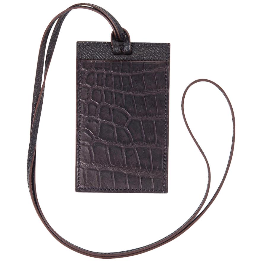 Hermes Lanyard Card Holder Prunoir Matte Crocodile / Bleu Vert Epsom Bi-Color For Sale