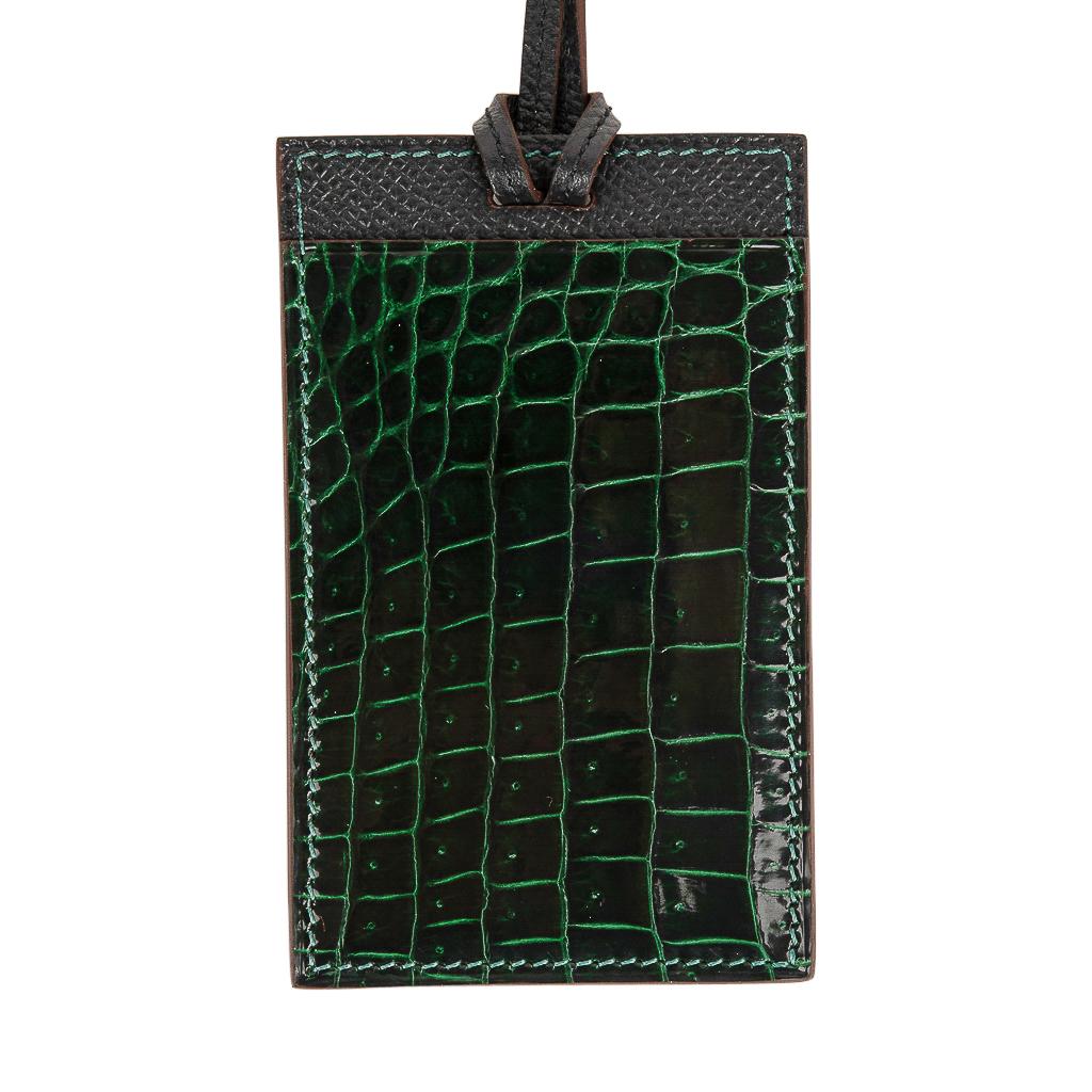 Women's or Men's Hermes Lanyard Card Holder Vert Fonce Porosus Crocodile/ Black Epsom Bi-Color  For Sale