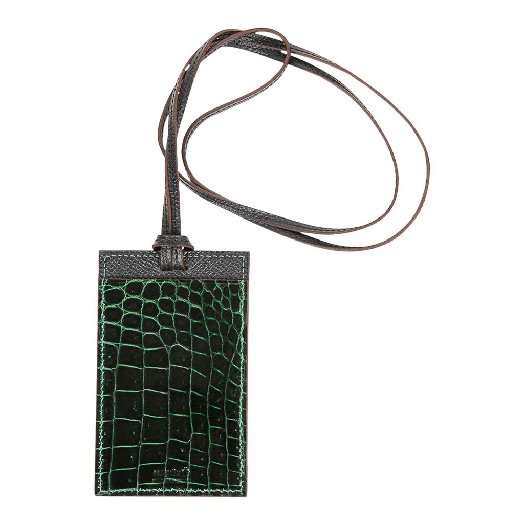 Hermes Lanyard Card Holder Vert Fonce Porosus Crocodile/ Black Epsom Bi-Color