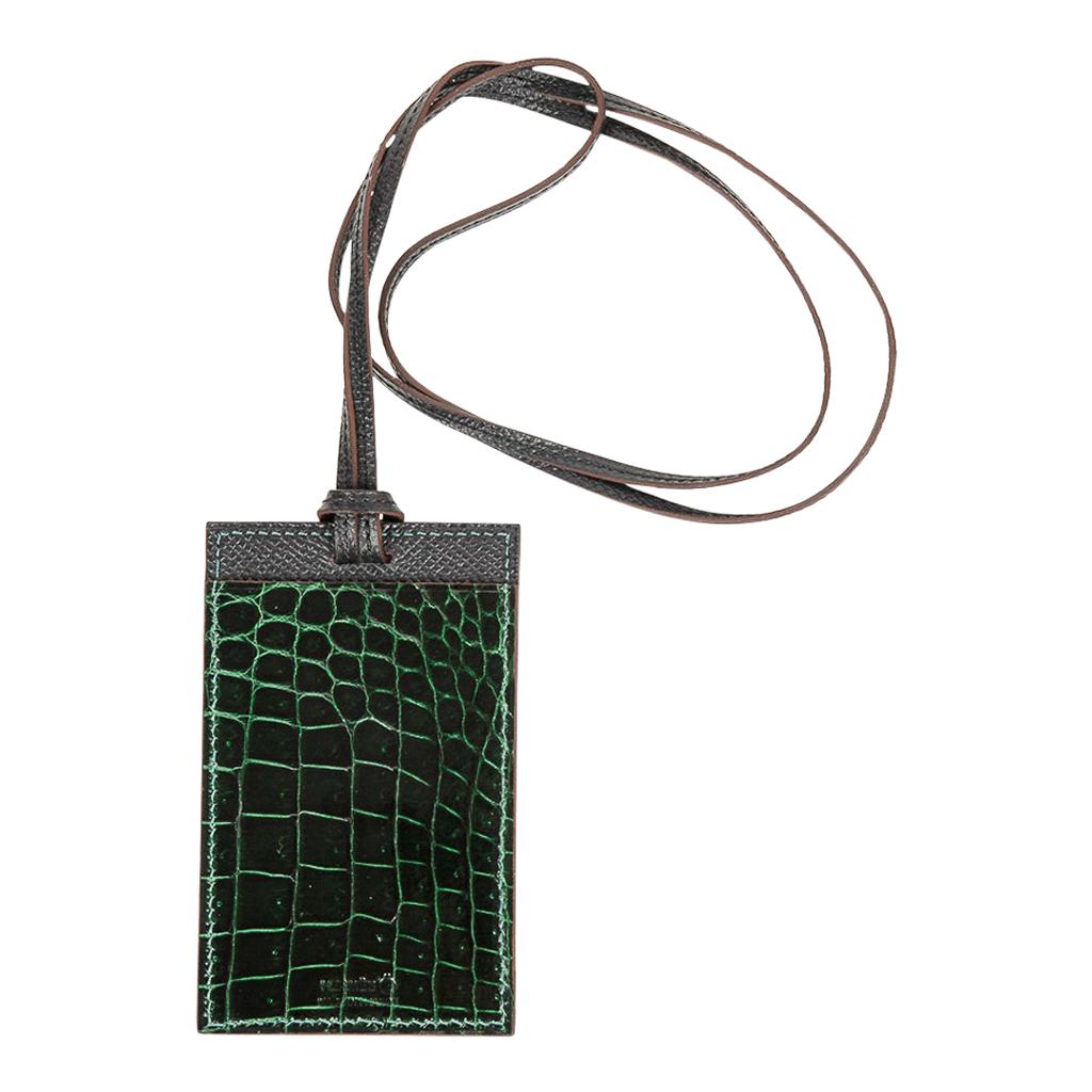 Hermes Lanyard Card Holder Vert Fonce Porosus Crocodile/ Black Epsom Bi-Color  For Sale