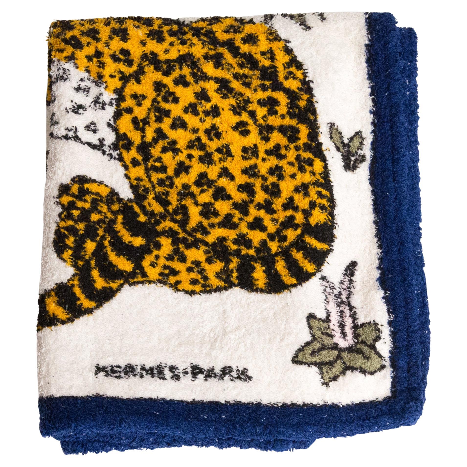 Hermes Large Blue Cotton Beach Towel Leopards by C. Vauzelles