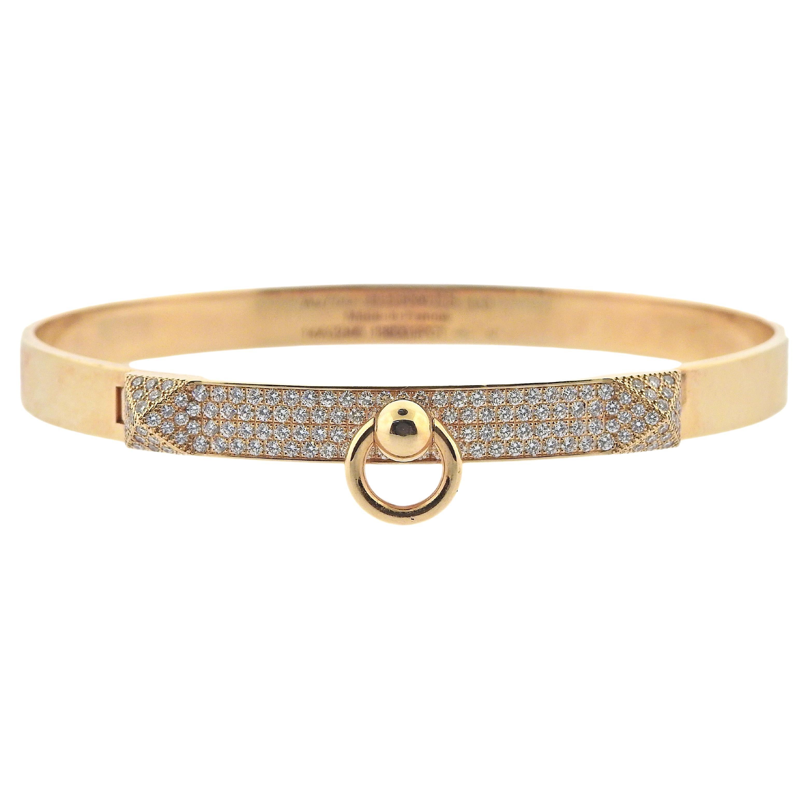Hermes Large Collier De Chien Rose Gold Diamond Bracelet For Sale at 1stDibs